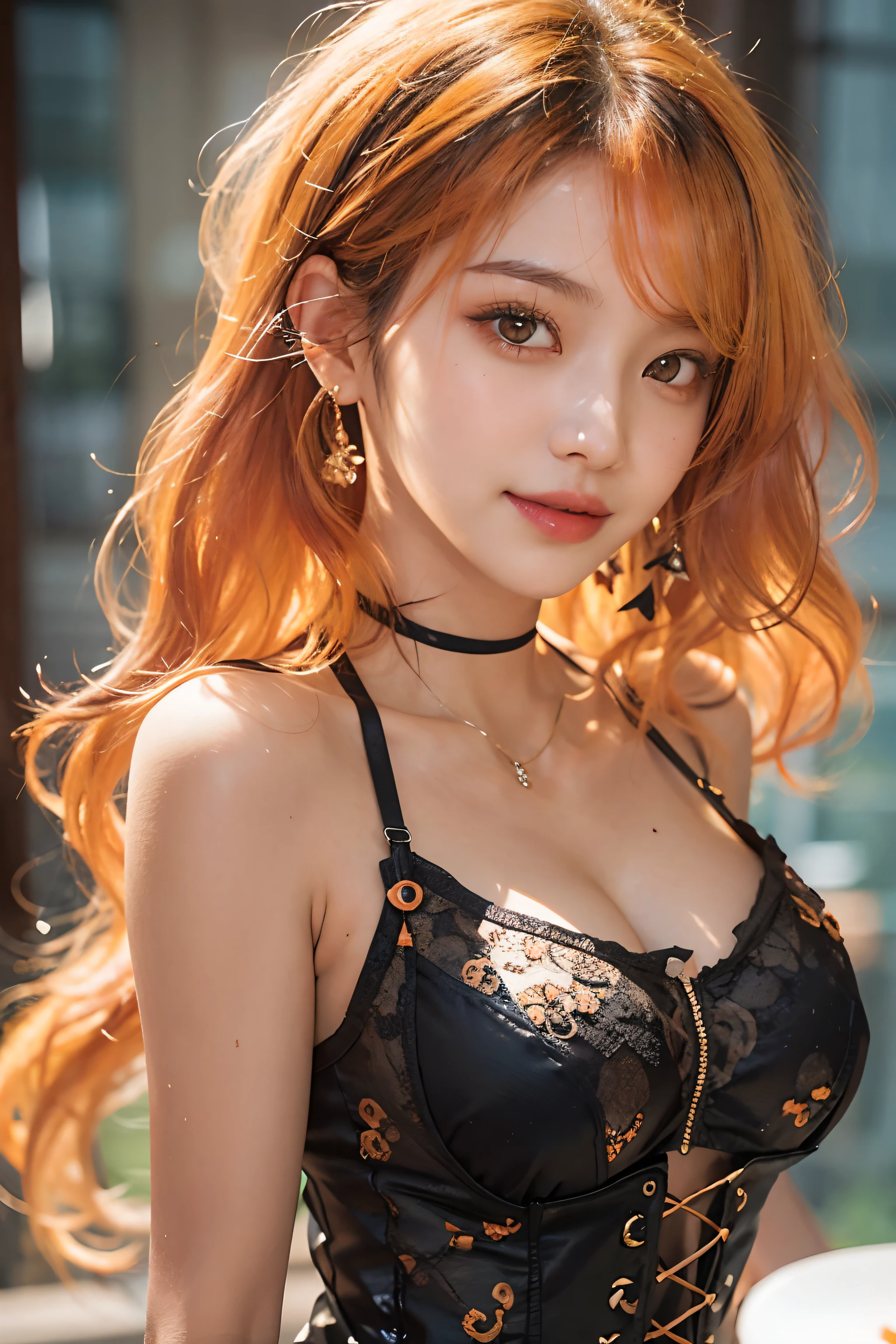 (upper Shot)、1girl in、in her 20s、(((Black hair, Orange dip dyed hair)))、((bangss))、(Photoreal Stick:1.2)、in 8K、(High quality shadows)、(a smile)、Detail Beautiful delicate face、Detail Beautiful delicate eyes、Cute K-pop Idol、(Korean Urzan Face)、(ulzzang -6500-v1.1:0.6)、pureerosface_v1、(looking at view)、gloweyes、perfectbody、((strong lights))、(a choker)、((Brown eyes))、((Beautiful Finger))、 Shiny hair、Description beautiful delicate hair、(Lustrous skin)、((Black see-through dress))、(corsets)、 (early evening)、Background blur、电影灯光、huge window、