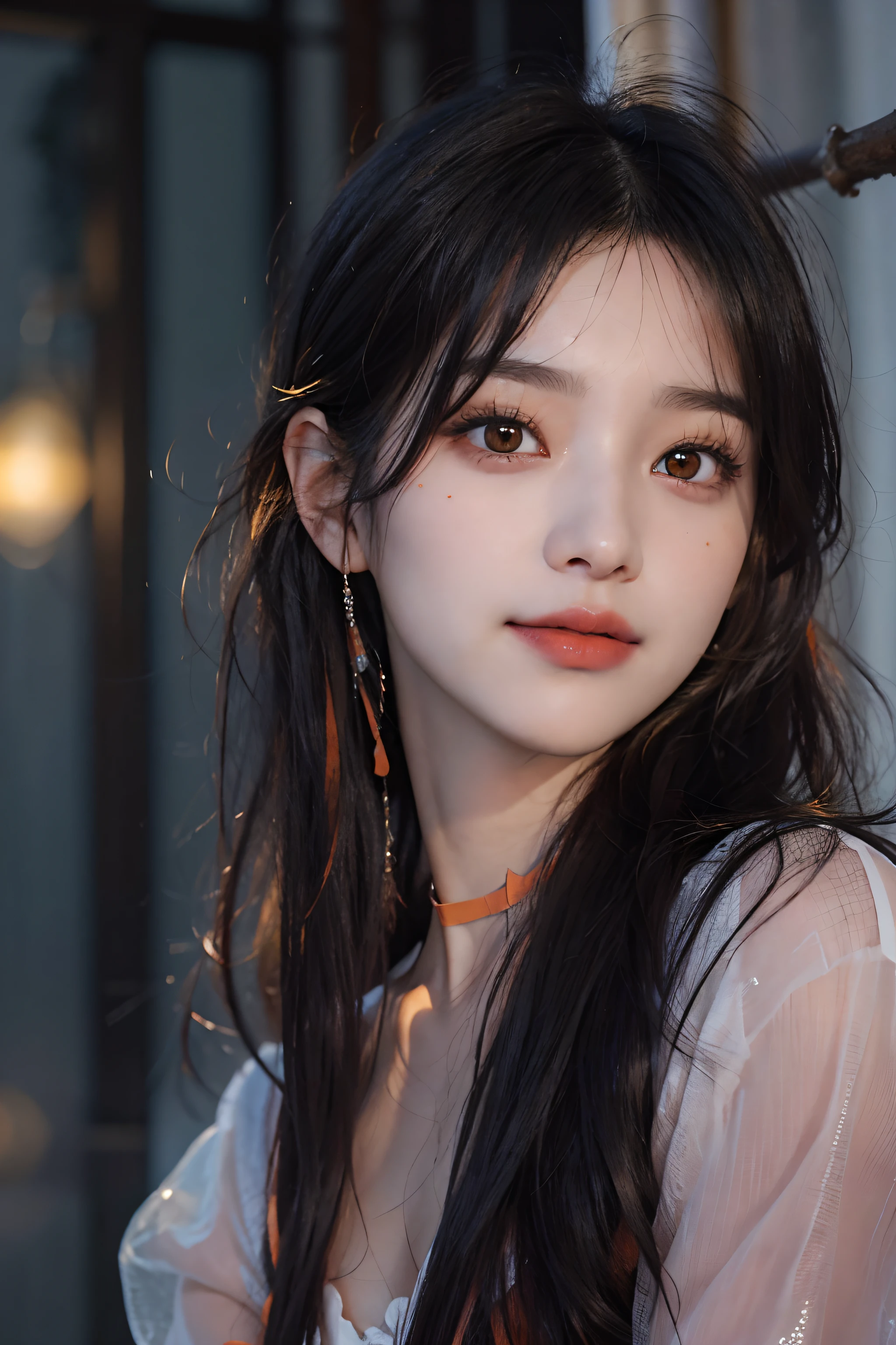 (upper Shot)、(looking at view)、1girl in、in her 20s、(((Black hair, Orange dip dyed hair)))、((bangss))、(Photoreal Stick:1.2)、in 8K、(High quality shadows)、(a smile)、Detail Beautiful delicate face、Detail Beautiful delicate eyes、Cute K-pop Idol、(Korean Urzan Face)、(ulzzang -6500-v1.1:0.6)、pureerosface_v1、gloweyes、perfectbody、((strong lights))、(a choker)、((Brown eyes))、((Beautiful Finger))、 Shiny hair、Description beautiful delicate hair、(Lustrous skin)、((Black see-through dress with long sleeves))、(corsets)、 (early evening)、Background blur、电影灯光、huge window、