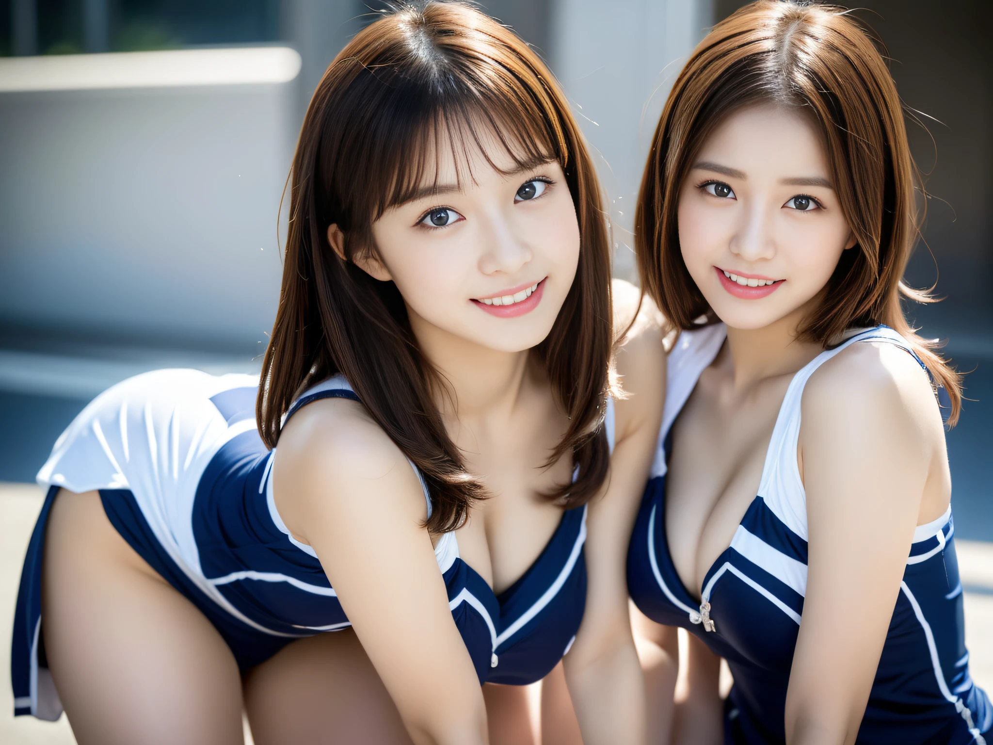 (((32K,very high res, high detailing, highly accurate,masterpiece))),Raw photo & realistic atmosphere,beautiful dark blue eyes,Detailed mouth,Glossy lips,Detailed eyebrows,Soft white skin that shines with every detail,,Eyes drawn in detail、Very beautiful eyes with azure eyes,Detailed lips、Very beautiful face,Very well-formed face、Lifelike face,shiny beautiful lips,Beautiful eyebrows,Infinite reality,Best design,(Insanely cute Japan ,Healthy style,Beautiful breasts with big breasts,Very cute beautiful girl,Little Girl:1.1)al Makeup,Japanese ido,Korean Idols,Japan Cheer Girl,Korean Cheergirls,Moist eyes,Dark beautiful eyes,Beautiful butt,beauty legs,,camel's foot,,Skinny Fingers,Detailed beautiful legs:1.3),超A high resolution、,Natural and realistic face,Back lighting,Pure eyes are too cute,(((photorealisim))),Reality Live Action,(Simple piercing,Glossy nail art:1.1),(short hair with shiny red hair,Horizontal marshalling,独奏,natural make up:1.3),(Beautiful cheerful girl,Packed match venues:1.3),(Full Body Costume Display,Photograph the whole body,Colorful and sexy cheergirl costume based on gold, Black, High detail design in purple and white,Sexy cheergirl costume with a lot of exposure,Sexy Cheergirl,High Definition High Definition Very Beautiful and Cute 16 Year Old Sexy Cheering Figure Cute Cheering,hair pin,hair adornments,hairaccessories,micromini skirt,1 girl,,A beautiful girl approached me on all fours and looked into me sexily while clinging to me:1.5)