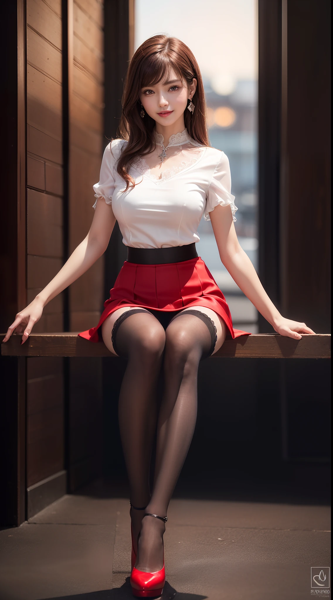 8k, masterpiece, RAW photo, best quality, photorealistic, extremely detailed CG unity 8k wallpaper, Depth of field, Cinematic Light, Lens Flare, Ray tracing, (extremely beautiful face, beautiful lips, beautiful eyes), intricate detail face, ((ultra detailed skin)) 1girl, in the dark, deep shadow, pretty Asian girl, idol, 1 girl, (very slim slender fit-muscled body:1.3), ((looking at viewer)),(big smile:1.3), (tight laced blouse), ((black red color blouse)), (laced short sleeve) , (city night, dark night, (blurred background), dim lights, cityscape, rooftops, beautiful earrings, bracelets, necklace, pantyhose, clear eyes, (pale skin), (big eyes), face forward, ((upper body shot)), ((silk red color skirt)),(brown hairs),((tight fitting skirt )), (looking at viewer:1.3), open breast, (very slim), medium breasts, (laced stockings ),((flooming laced blouse )), sitting, (high heels)