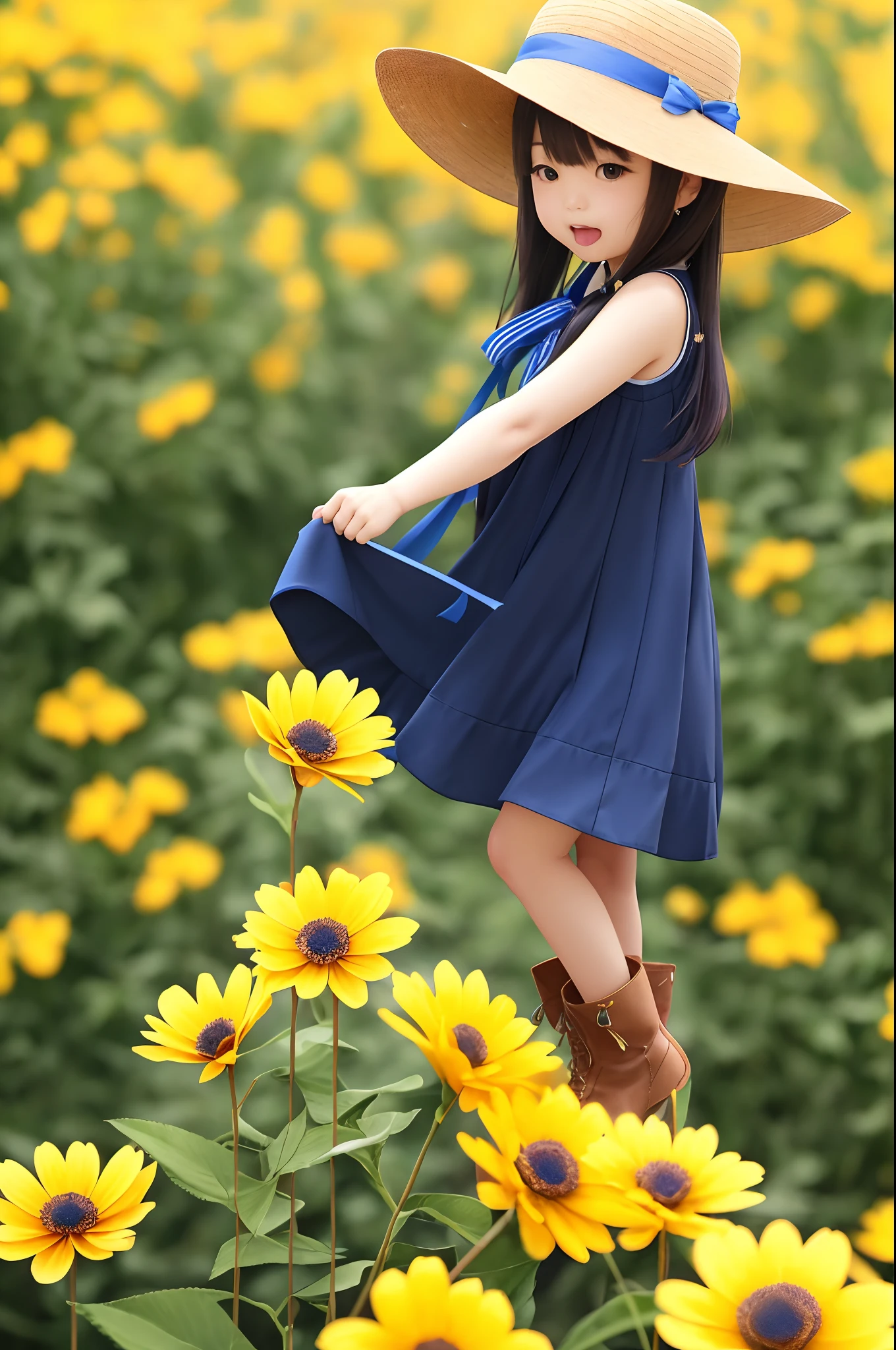 1人、blue ribbons、鎖骨、florals、Hats、Windy, That's why I'm wearing a hat、Yawning face、Longer dress、length hair、brown haired、bow ribbon、Sleeveless、a straw fedora hat、Eye Up、yellow eyes、yellow flower、There is a flower in the foreground、Petals are fluttering、butterflys々is flying、kawaii pose、I'm wearing cute boots