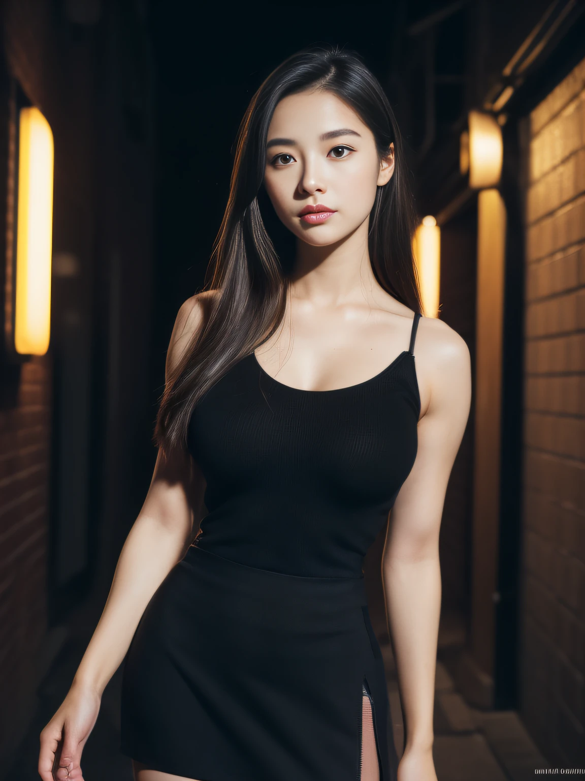 (Raw photo:1.2), (Photorealsitic:1.4), huge filesize, hight resolution, ighly detailed, top-quality, (masterpiece:1.6),(Hyper-realistic: 1.4), ighly detailed, nffsw, finely detail, top-quality, 8k wallpaper,People with Japan,((Girl with clear white skin)),17 age、((fully body photo:1.2))、((Muscle Girl:1.3, Giant physique:1.3, thick neck:1.3, thick and strong arms:1.3, thick and powerful legs:1.3))、((large full breasts:1.4)),((Lori face:1.2))、Narrow eyes, cute face, Narrow eyes,((A smile))、((Straight hair、One-length))、((((Black tight skirt、black bodycon dress:1.3))))、((Stand at the end of a narrow alley in the middle of the night、A big city lined with signs of Western-style izakaya illuminated by neon lights))、 (Realistic: 1.3), (Smooth lighting: 1.05), (Improved cinematic lighting: 0.9), Realistic lighting, Backlight, Face Light, raytrace, (Whitening light: 1.2), ( Top quality real skins: 1.4), (Body Line Mood Increase:1.1), (Skin Texture Enhancement Beauty:1.1),