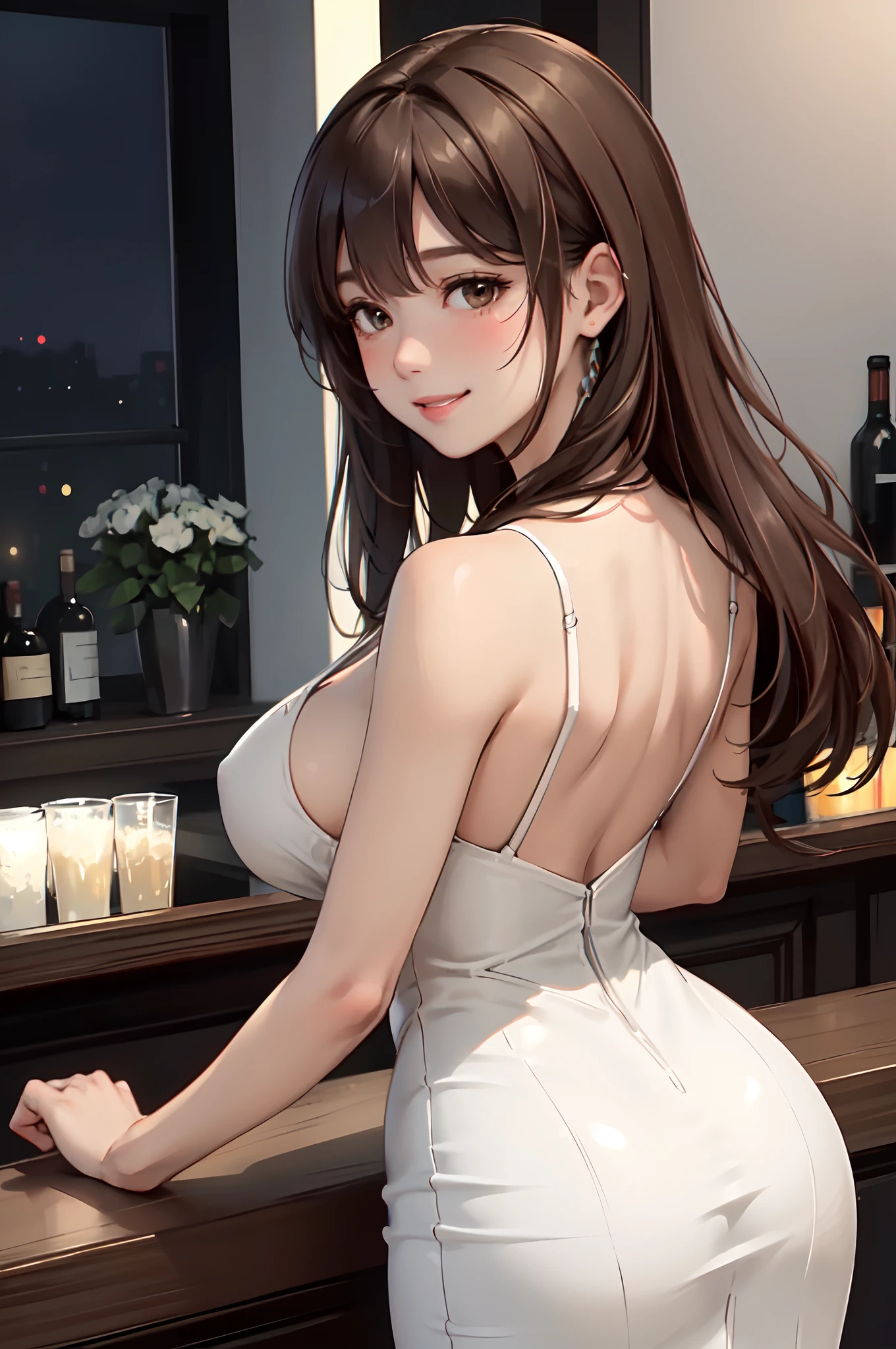1lady solo, /(looking back from behind/), mature female, /(pencil dress/), /(brown hair/) bangs, blush kind smile, (masterpiece best quality:1.2) delicate illustration ultra-detailed, large breast, arms down, /(bar counter night/)