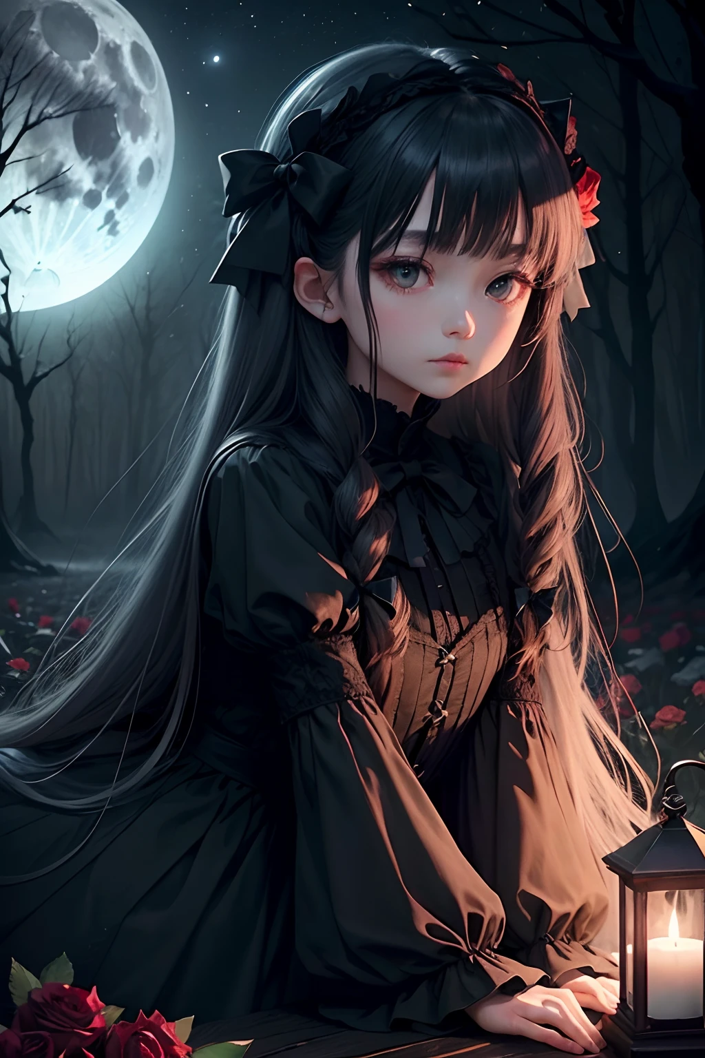 Dark and eerie forest、Full moon in the night sky、Scattering Red Roses、Bell Sleep、gothic lorita、Wide wrists、nobles、Big bright eyes、fleeting、bow ribbon、Straight Long Hair、sorcerer