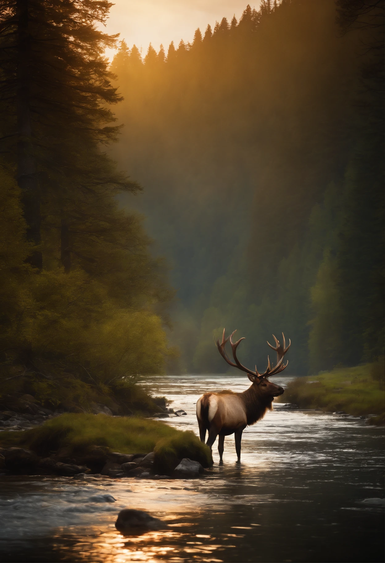 A herd of elk walking along a river in a mountain valley, (best quality,8k,masterpiece:1.2), ultra-detailed, oil painting, realistic, vibrant colors, magnificent landscape, golden sunlight, misty mountains, crystal clear river, lush green meadows, moss-covered rocks, graceful elk with magnificent antlers, peaceful atmosphere.