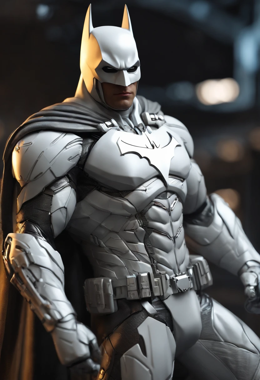 A realistic white batman in a titanium cybernetic suit, detalhado, designe perfeito, alta qualidade arestas perfeitas e simetricas ::n_desenho de estilo, Low-quality imperfection, boneco, game, anime