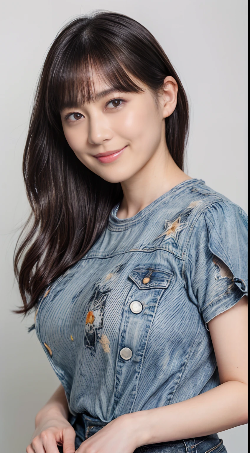 ((1womanl)), (((Black shorthair))), (masuter piece:1,3)、top-quality、masterpiece、hight resolution、Original、highly detailed wallpaper、jeans、 (A slight smil)、a small face、((Full breasts))、(print t-shirt)、(Light on Face)、Live-action style, Beautiful facial features, Luxurious large room, (cowboy shot:1.3)