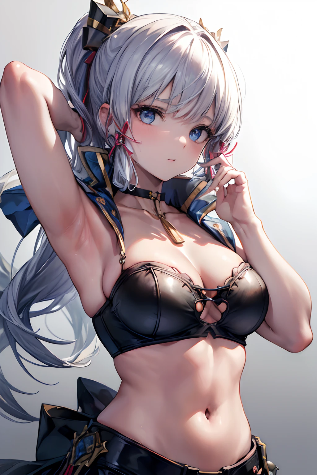 (((Masterpiece))), (portrait), diffused light, dynamic shadows, sharp focus, realistic, detailed, highres, absurdres, anatomically correct, seductive face, white background, underboobs, armpits, looking to the side, black choker, belly button, medium breast