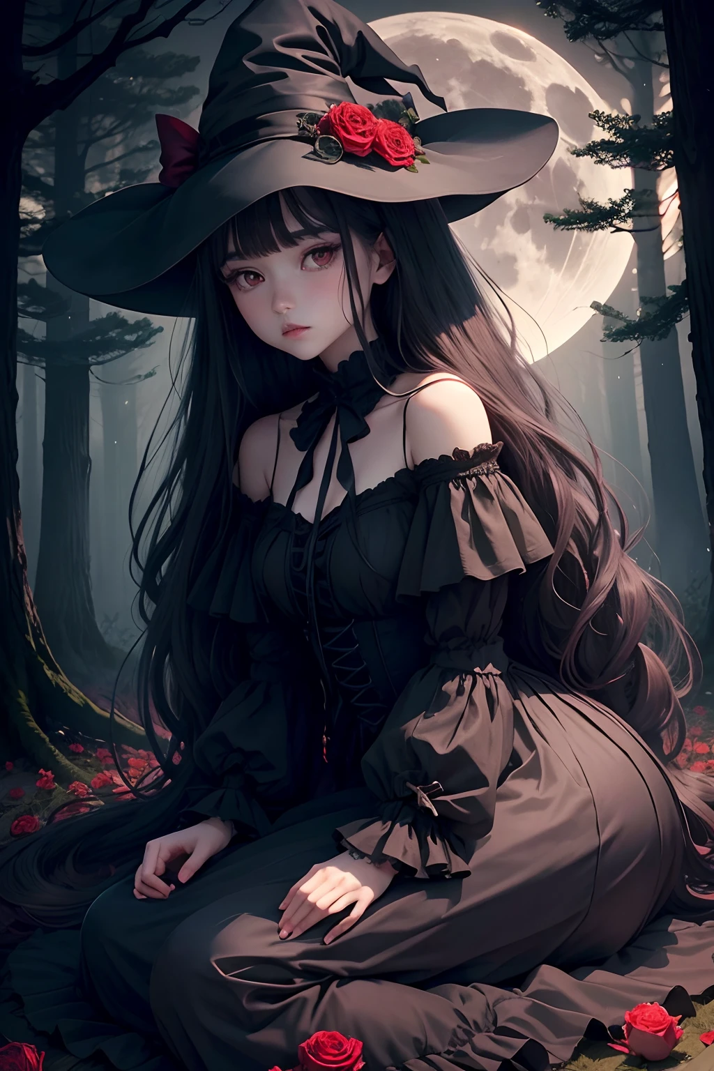 Dark and eerie forest、Full moon in the night sky、Scattering Red Roses、Bell Sleep、gothic lorita、Wide wrists、nobles、Big bright eyes、bow ribbon、Straight Long Hair、the witch