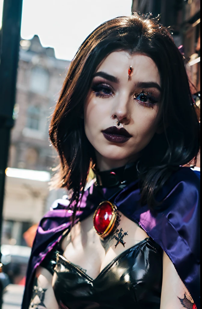 (Best Quality, 8k, 32k, Masterpiece, UHD:1.3), (Photo of Attractive Caucasian Gothic model Woman with tattoos), 1 Girl cosplaying Raven, heavy makeup , cape, choker,very pale skin,Ultra Detailed Face, Detailed Lips, Fine Eyes, black lipstick, Fine Eyes, double eyelids