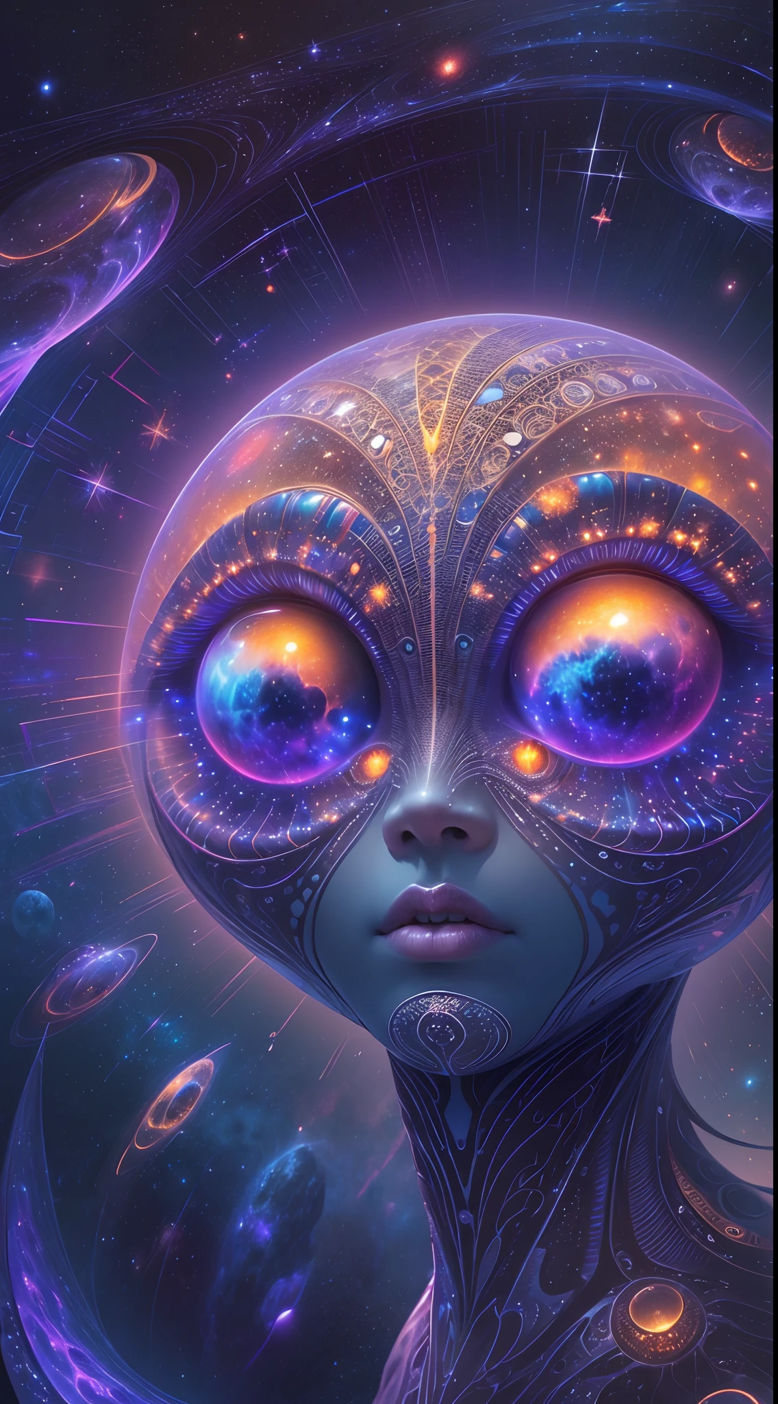 (Best quality,Ultra-detailed,Realistic:1.37), Extraterrestrial life forms, Glowing ethereal eyes, Intricate alien characteristics,[(((Glassy skin transparent alien)))+purpleish color], Vibrant colors, celestial background, Cosmic atmosphere, mystical aura, otherworldly presence, Starry sky, Radiant celestial bodies, Interstellar beauty, Mesmerizing light patterns, Surrealist composition, Otherworldly brilliance.