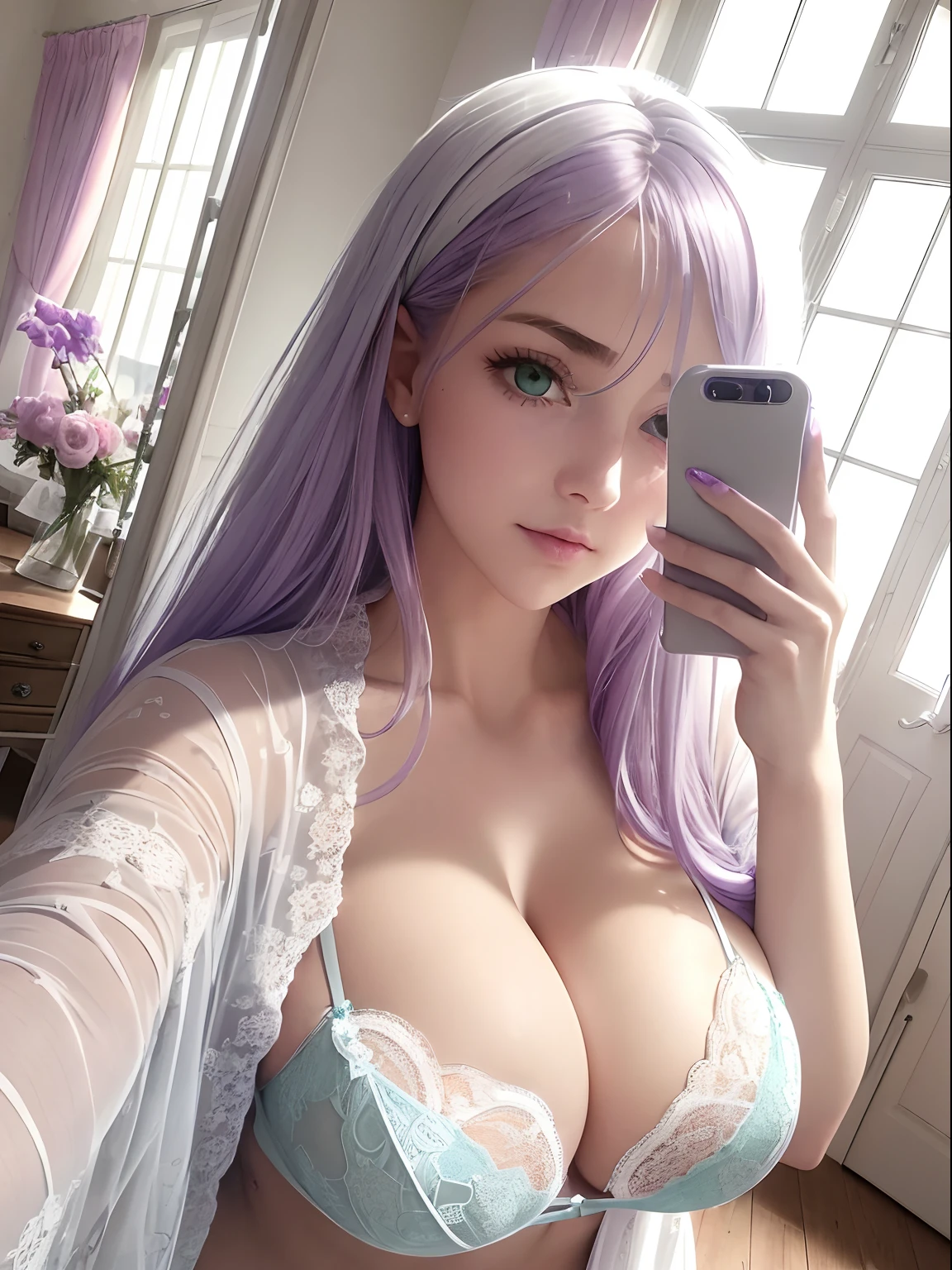 1girl, green eyes, long very light purple lilac lavender hair, big boobs, cleavage, light blue pastel lingerie, white lacy robe, hardwood floor, morning sunlight through sheer curtains, big window, bright light, no shadows, holding white cell phone, mirror selfie, close up, light on face, showing face, long hair