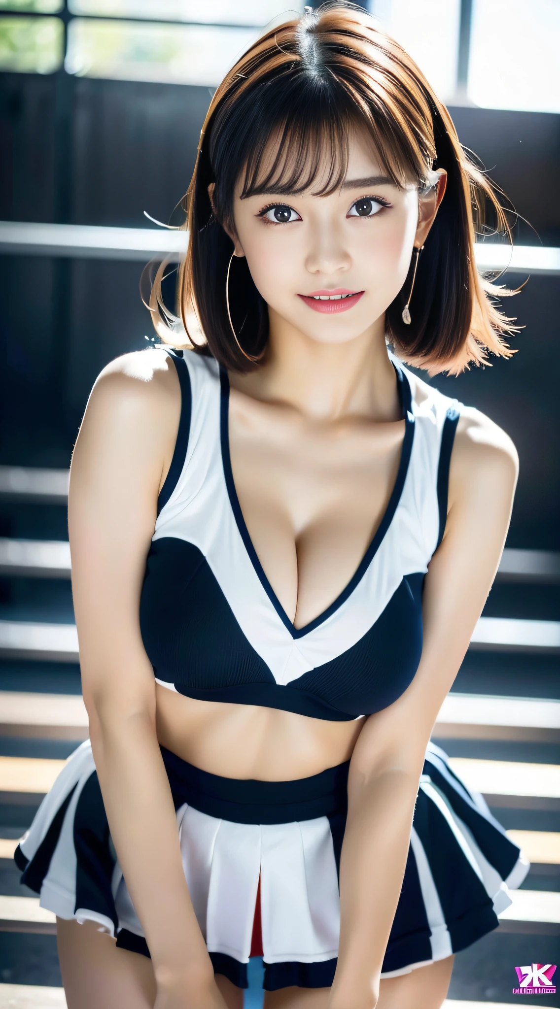 (((32K,very high res, high detailing, highly accurate,masterwork))),Raw photo & realistic atmosphere,beautiful dark blue eyes,Detailed mouth,Glossy lips,Detailed eyebrows,Soft white skin that shines with every detail,,Eyes drawn in detail、Very beautiful eyes with azure eyes,Detailed lips、Very beautiful face,Very well-formed face、Lifelike face,shiny beautiful lips,Beautiful eyebrows,Infinite reality,Best design,(Insanely cute Japan girl,Healthy style,Beautiful breasts with big breasts,Very cute beautiful girl,Little GirlBest Natural Makeup,Japanese ido,Korean Idols,Japan Cheer Girl,Korean Cheergirls,Moist eyes,Dark beautiful eyes,Beautiful butt,beauty legs,,camel's foot,,Skinny Fingers,Detailed beautiful legs:1.3),超A high resolution、,Natural and realistic face,Back lighting,Pure eyes are too cute,(((photorealisim))),Reality Live Action,(Simple piercing,Glossy nail art:1.1),(short hair with shiny red hair,Horizontal marshalling,独奏,natural make up:1.3),(Beautiful cheerful girl,Packed match venues:1.3),(Full Body Costume Display,Photograph the whole body,Colorful and sexy cheergirl costume based on gold, black, purple and white with high detail design,Sexy cheergirl costume with a lot of exposure,Sexy Cheergirl,High Definition High Resolution Very Beautiful and Cute 14 Year Old Sexy gure Cute Cheering,hair pin,hair adornments,hairaccessories,micromini skirt,Girl 2,Beautiful but unique hairstyle,Two beautiful girls approaching on all fours、Sexy seduces me:1.5)