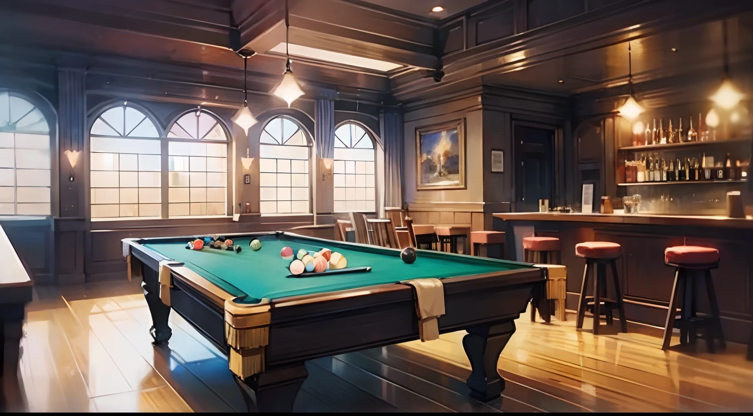 Background of the novel, In the bar room、billiards、Beautiful anime、Anime Background Art、anime backgrounds、style of makoto shinkai、anime movie background、No humans。