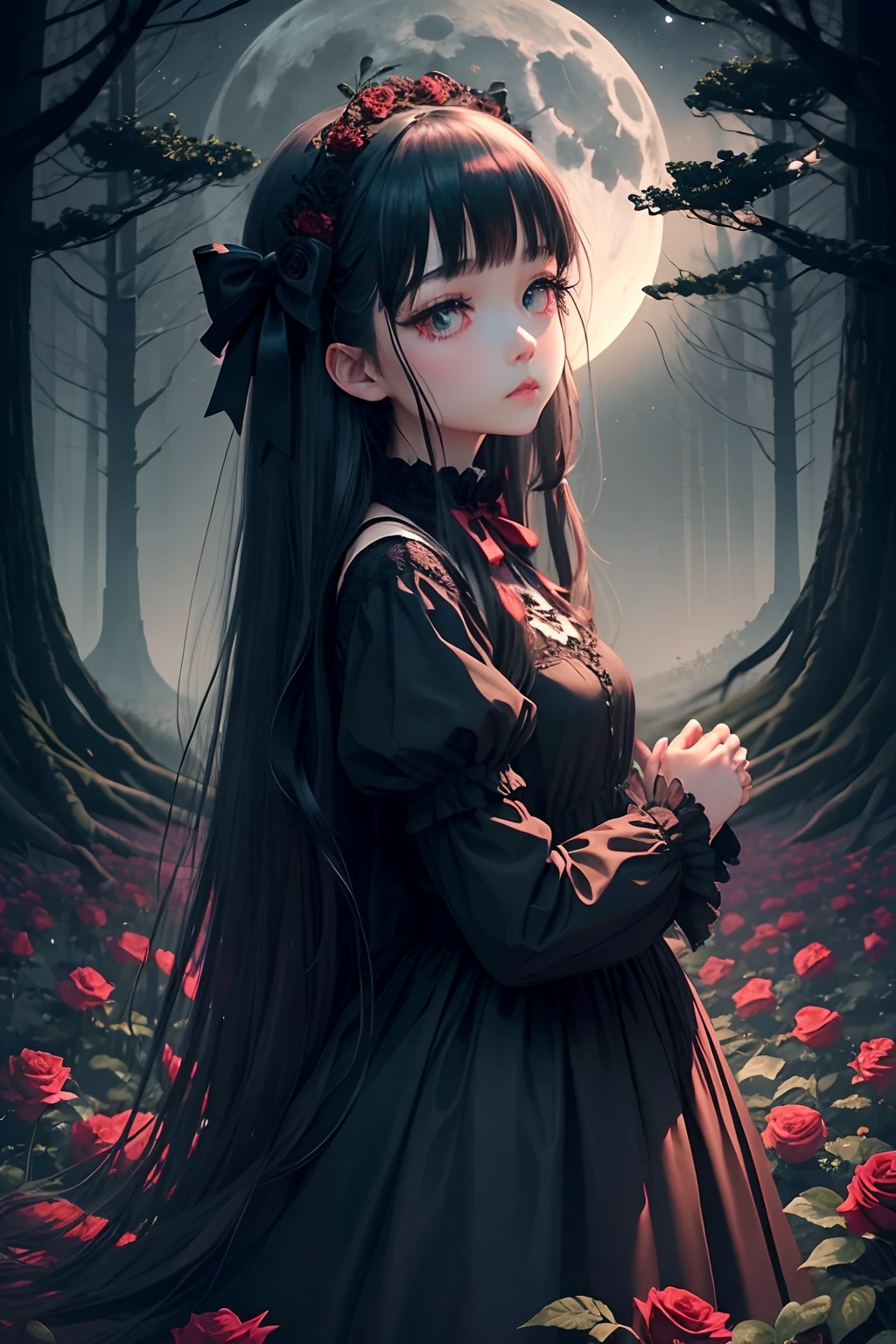 Dark and eerie forest、Full moon in the night sky、Scattering Red Roses、Bell Sleep、gothic lorita、Wide wrists、nobles、Big bright eyes、fleeting、bow ribbon、Straight Long Hair、