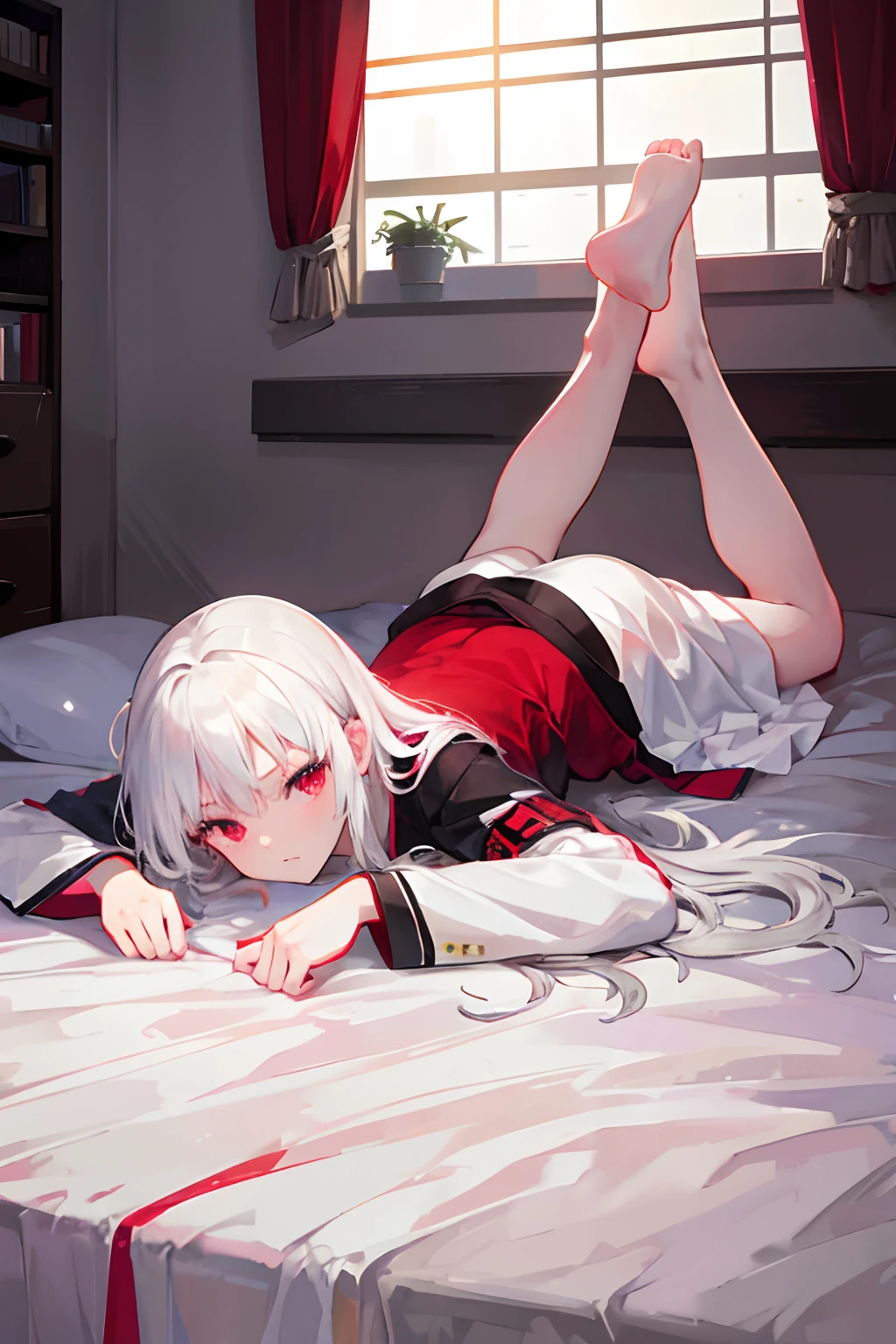 Best quality,Realistic:1.37),A girl lying on the bed,[Long messy hair],[White hair],[Red eyes],[Wet clothes]