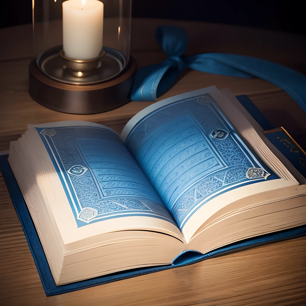 Closed blue color Quran with candle