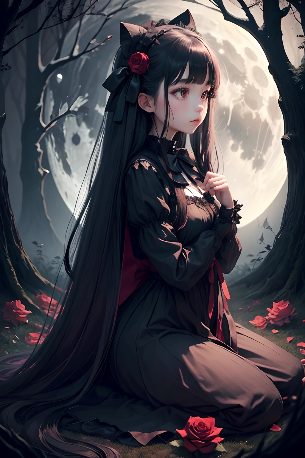Dark and eerie forest、Full moon in the night sky、Scattering Red Roses、Bell Sleep、gothic lorita、Wide wrists、nobles、Big bright eyes、bow ribbon、Straight Long Hair、