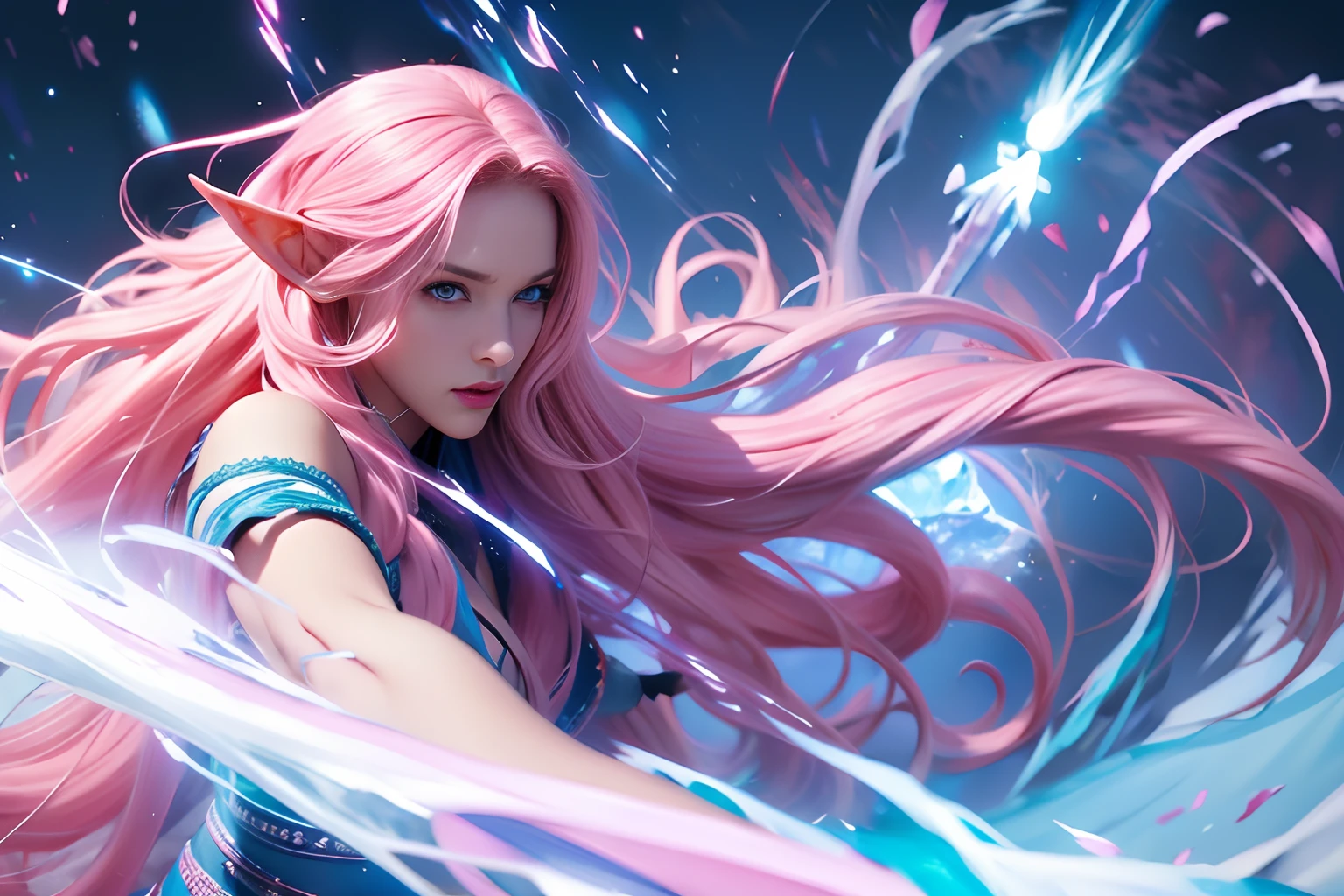 Woman, long curly hair, pink hair, blue eyes, elf, hell, ice powers, combat stance, combat, fight, attack,