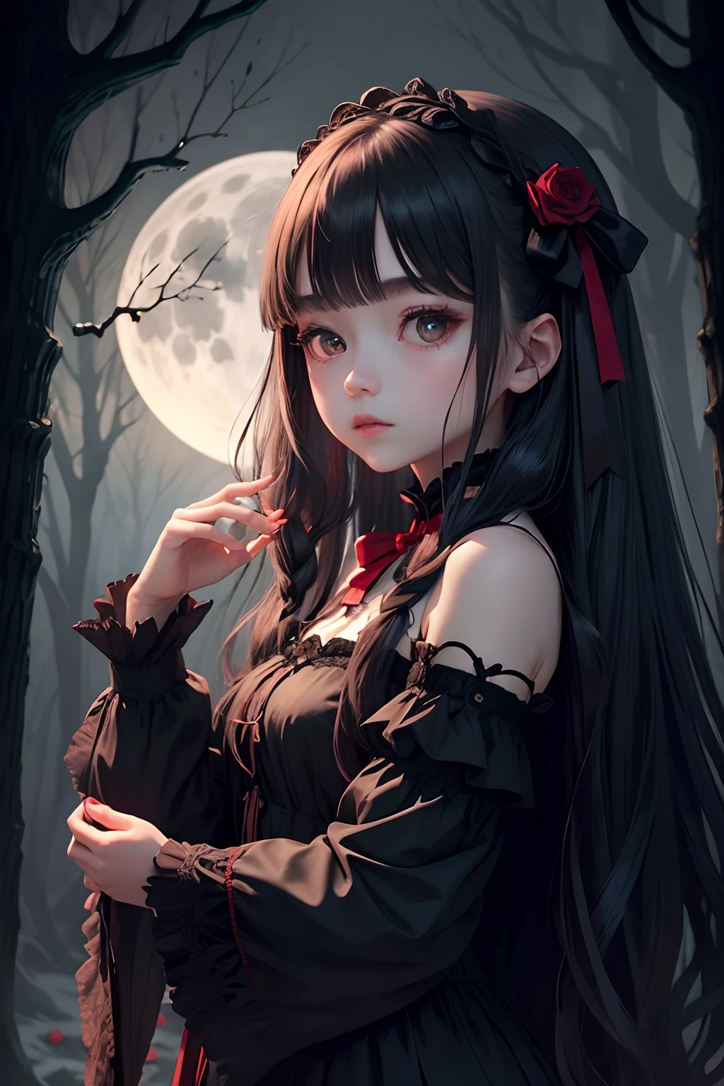 Dark and eerie forest、Full moon in the night sky、Scattering Red Roses、Bell Sleep、gothic lorita、Wide wrists、nobles、Big bright eyes、bow ribbon、Straight Long Hair、