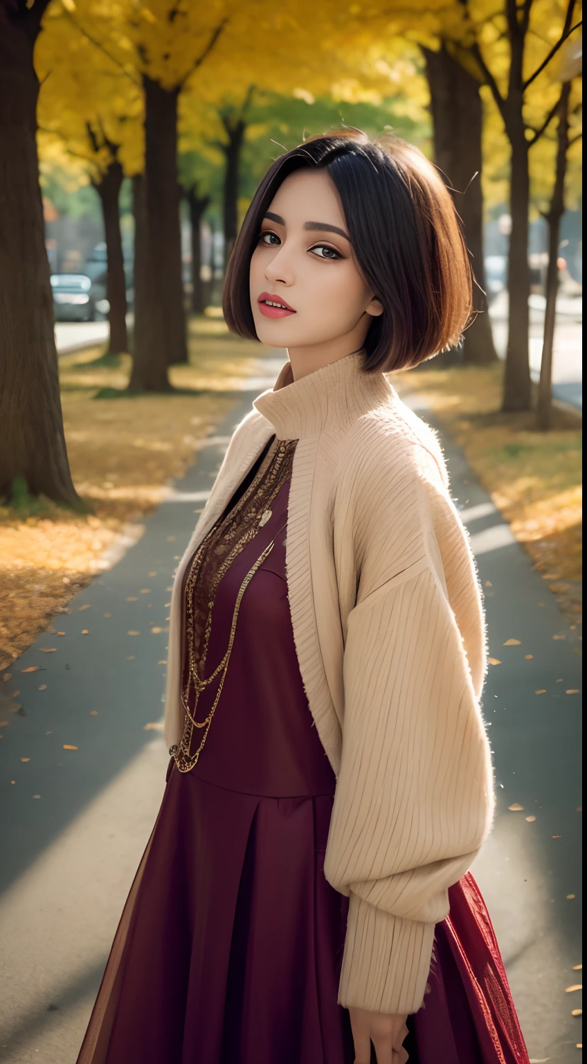 One Arabian model ,Unique hair details, Cyberpunk Y2K Fashion. Fairy-like. Mechanical Fashion, Near future, Curve details , Detailed eyes, 二重まぶた, Plump lips, Short hair, Professional makeup, Golden ratio, Hyper res、outside of house、show teeth、Textured landscapes ,Beautiful view of autumn,maple trees,Hillside,rivers,Beautiful woman walking on the street,Perfect figure,awardwinning photo,