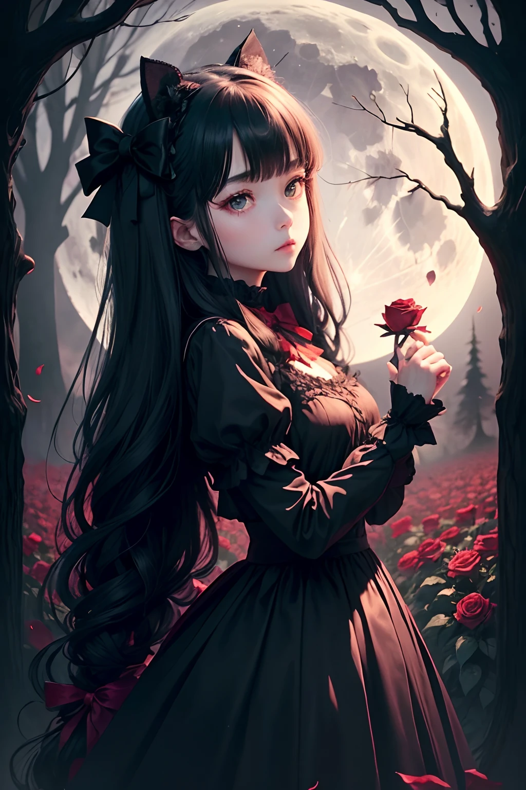 Dark and eerie forest、Full moon in the night sky、Scattering Red Roses、Bell Sleep、gothic lorita、Wide wrists、nobles、Big bright eyes、bow ribbon、Straight Long Hair、