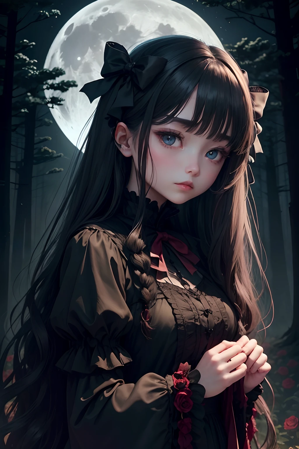 Dark and eerie forest、Full moon in the night sky、Scattering Red Roses、Bell Sleep、gothic lorita、Wide wrists、nobles、Big bright eyes、bow ribbon、Straight Long Hair、