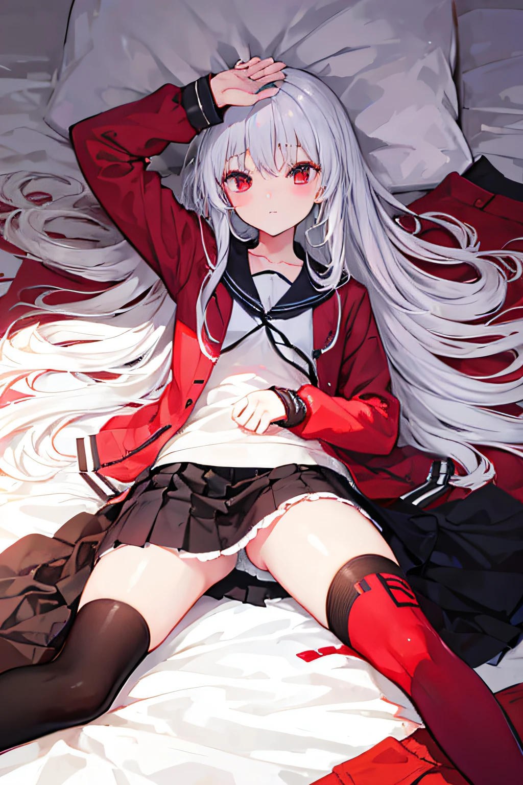 Best quality,Realistic:1.37),A girl lying on the bed,[Long messy hair],[White hair],[Red eyes],[Wet clothes]，I took off my skirt and put it aside