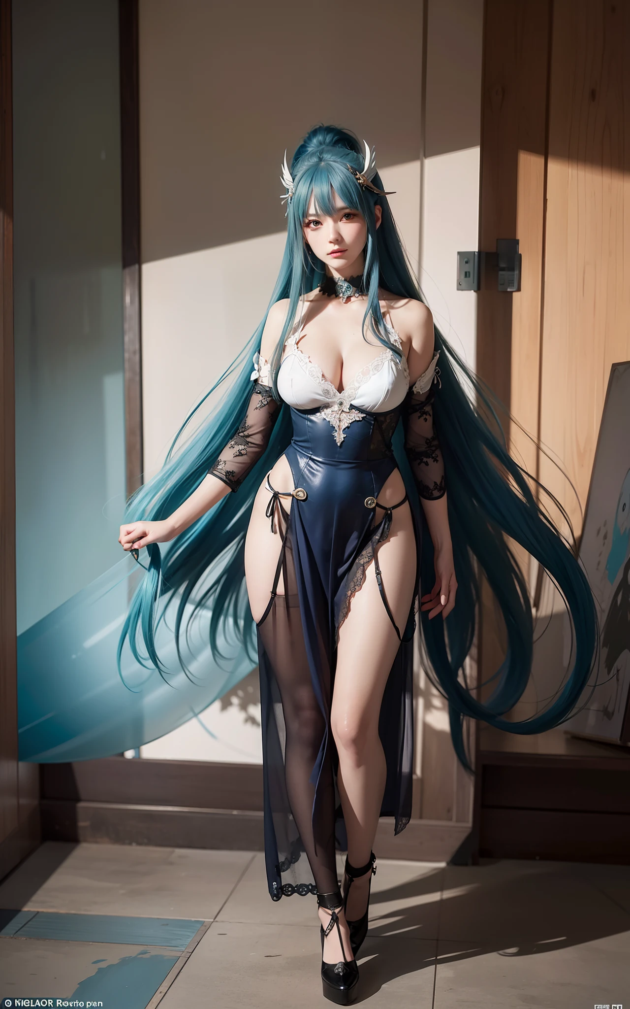 Long blue hair,hentail realism, shadowing,,character sheets, reference sheet, Standing painting, 8K, Super detail, 1080p, Women's HD,femele, 16k, A high resolution, Best quality, High quality, Anatomically correct, Masterpiece, ccurate, hyper HD,As graceful as a swan,unreal-engine, Ghibli-like colors, anime big breast, Standing painting, angle of view,battle armor,ssee-through,Lace skirt,fluorescence