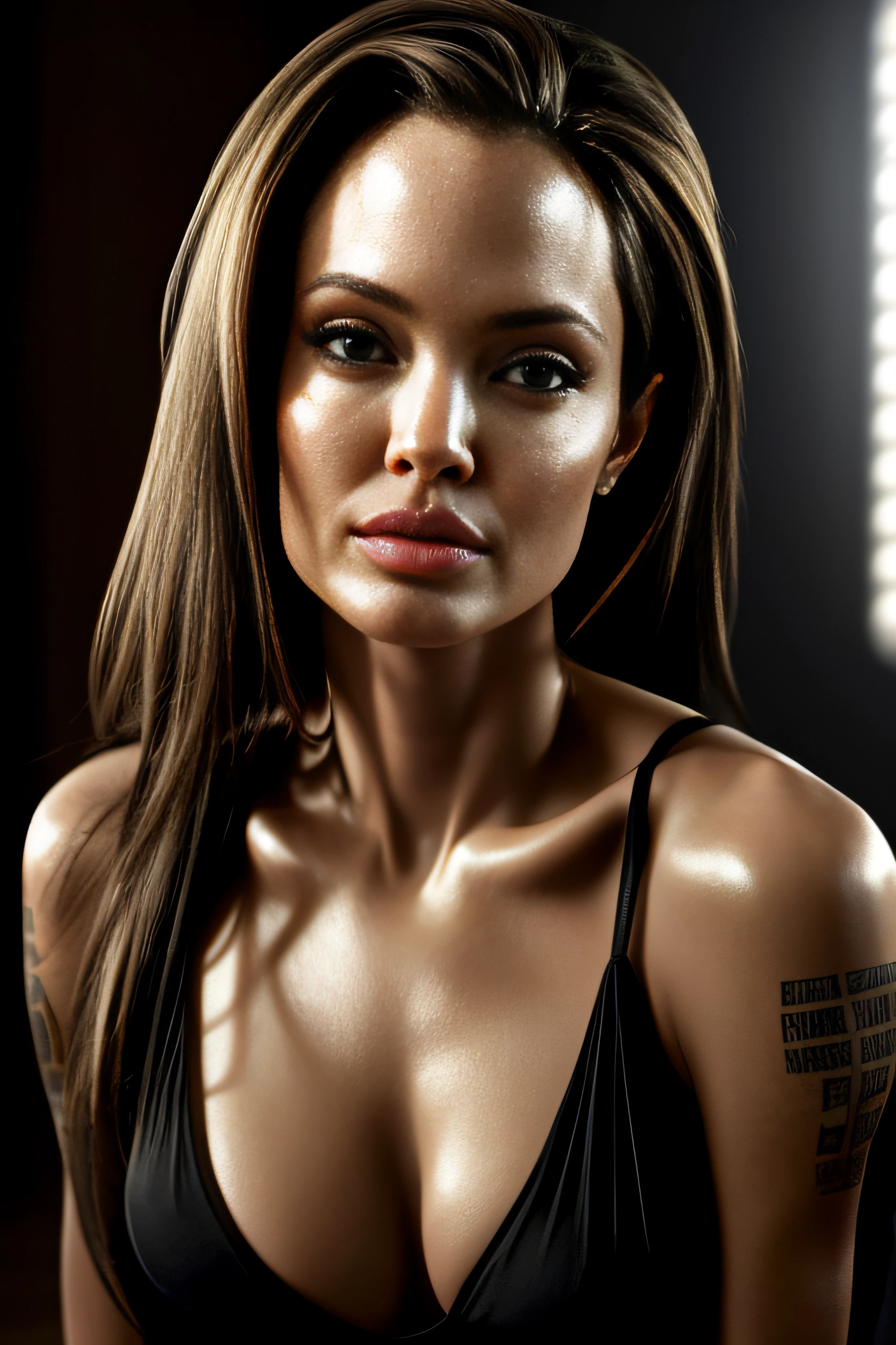 imagem frontal Angelina Jolie corpo musculoso, olhar voltado para espectador, destaque para olhos, realista melhor sombra, Best Cinematic Lighting, alta resolução