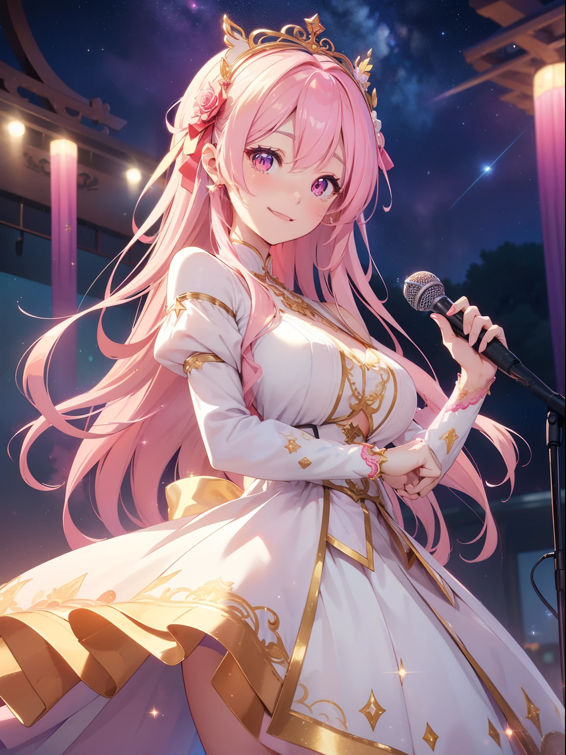 masutepiece, High resolution, 8K, anime woman, Delicate and detailed writing 、Detailed digital illustration、Very long hair and shiny、Bangs、a very beautiful woman、Eyes are double, Large, Bust is D cup、High image quality, High quality、Detailed background、(((Wear idle clothes)))、(The inside of the eye shines like a diamond、Light pink hair、Gradient pupil、(((2 arms、4 fingers, 1 thumb)))、Detailed female face、Very beautiful and cute woman、、细致背景、​masterpiece、Soft Focus , Bright gradient watercolor , Lens Flare , (((Glitter))) , Glow , Dreamy , 、Less exposure、Nothing at hand、Idol、Pink ribbon、Very beautiful red rose hair accessories、Pink and gold outfit、White is the main costume、((Big smile))、((Macro for the eyes))、(((natta、starrysky)))、(((Microphone in hand)))、Bandstand、piece