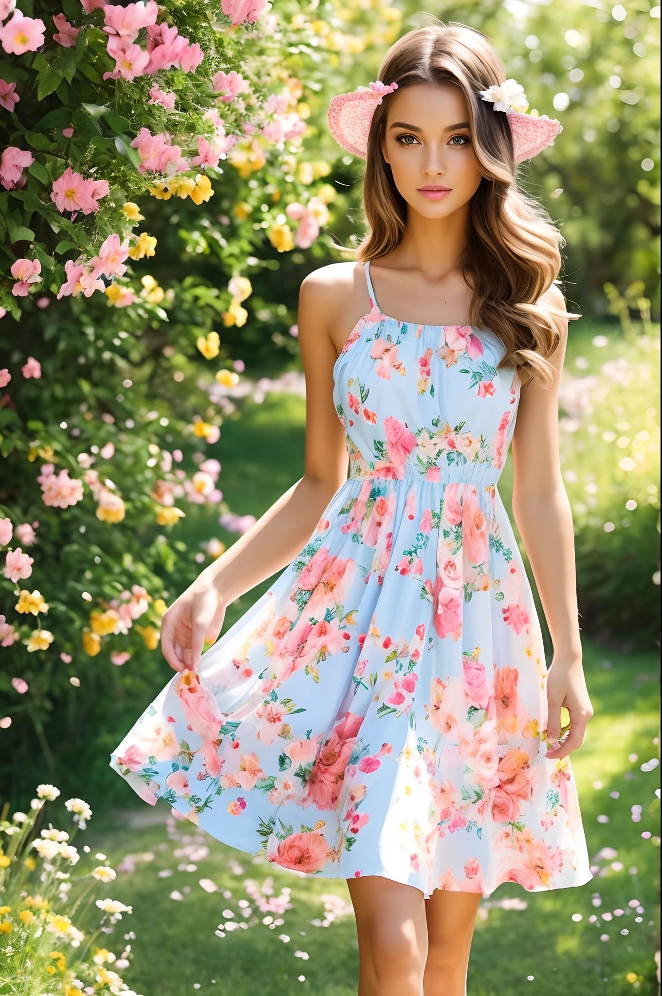 Complete the look, moda, handsome girl, summer light dress bright with flowers, Summer sunshine, facilitate, higly detailed,