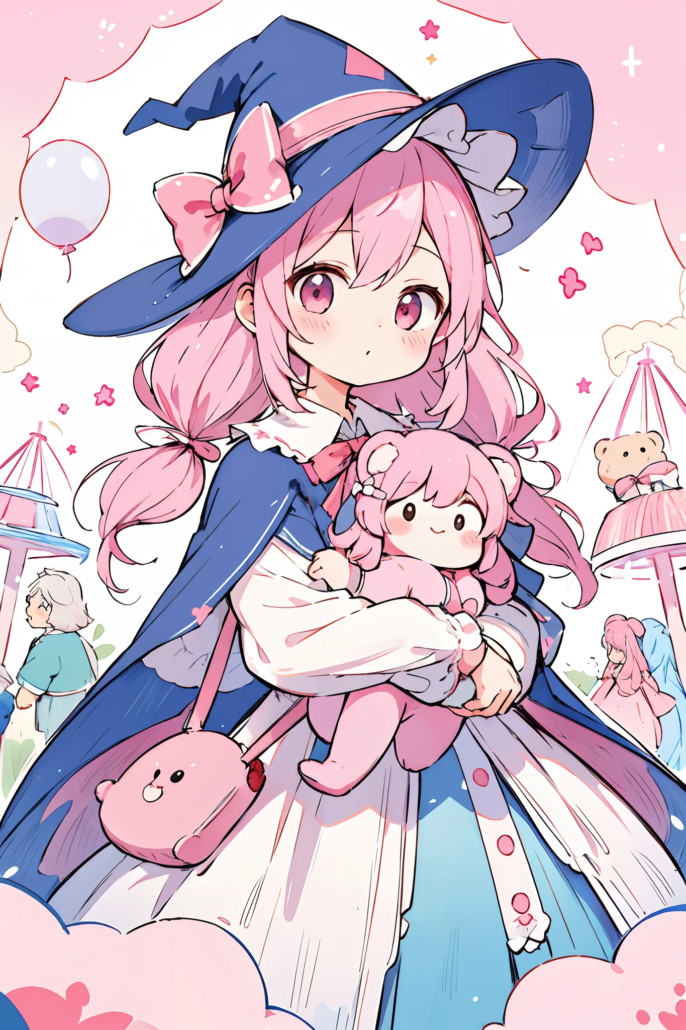 One Girl、cute little、a very cute、PastelColors、Costumes in pastel colors、cape、witch's hat、An amusement park、the Ferris wheel、pink sky、balloons、Gradient hair、A pink-haired、lightblue hair、Twin-tailed、Red ribbon on head、Holding a bear doll、​masterpiece、Top image quality、top-quality、Very delicate illustration、fine portrayal、8k、beatiful backgrounds、Finely written illustrations、Excellent image quality、