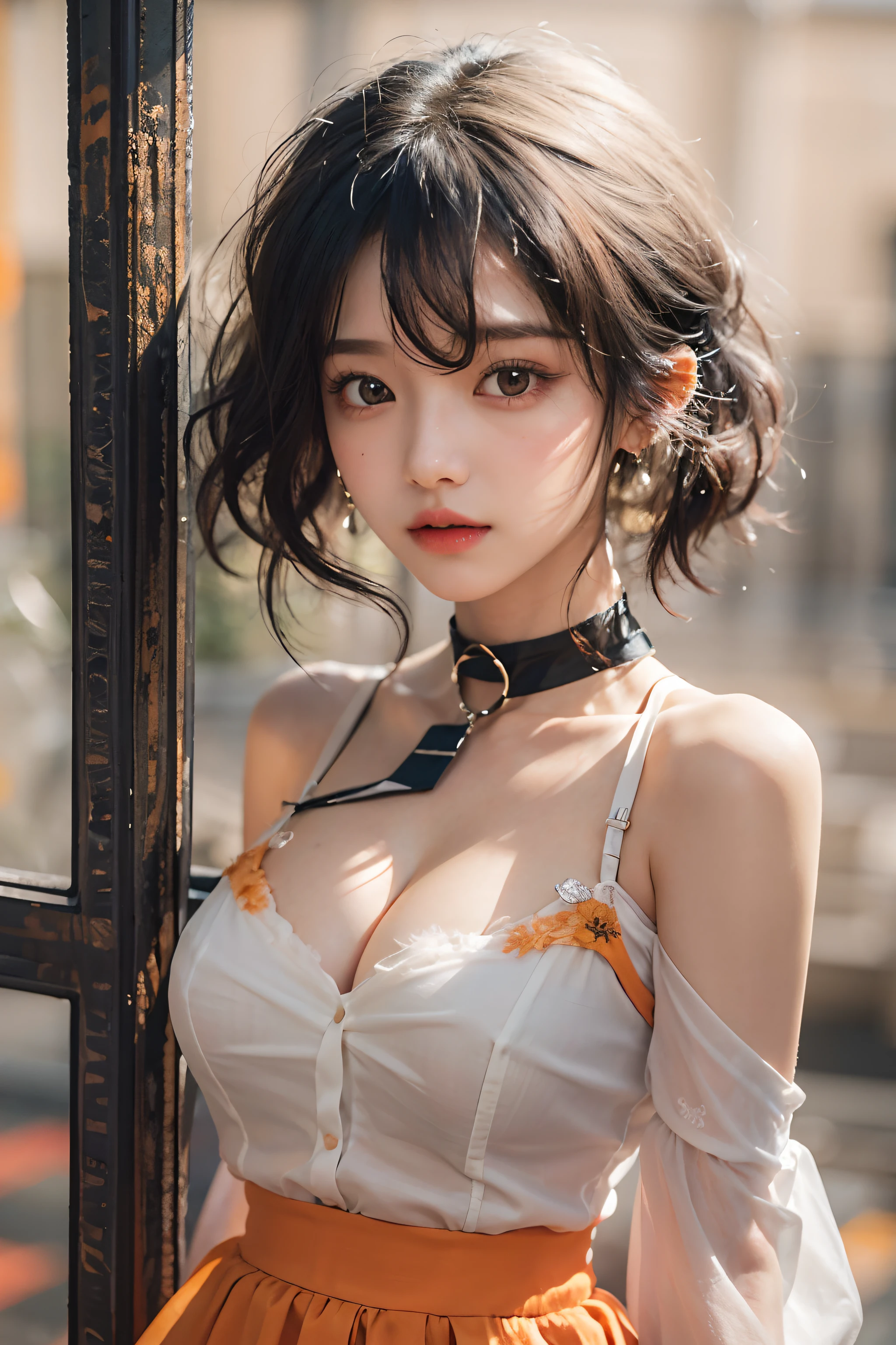 (upper Shot)、1girl in、in her 20s、((Medium hair))、(Twin-tailed)、(((Black hair, Orange dip dyed hair)))、((bangss))、(Photoreal Stick:1.2)、in 8K、(High quality shadows)、(A charming expression)、Detail Beautiful delicate face、Detail Beautiful delicate eyes、Cute K-pop Idol、(Korean Urzan Face)、(ulzzang -6500-v1.1:0.6)、pureerosface_v1、(looking at view)、gloweyes、perfectbody、((strong lights))、(a choker)、((Brown eyes))、((Beautiful Finger))、 Shiny hair、Description beautiful delicate hair、(Lustrous skin)、((Black see-through dress))、(corsets)、(long skirt)、 (early evening)、Background blur、电影灯光、huge window、