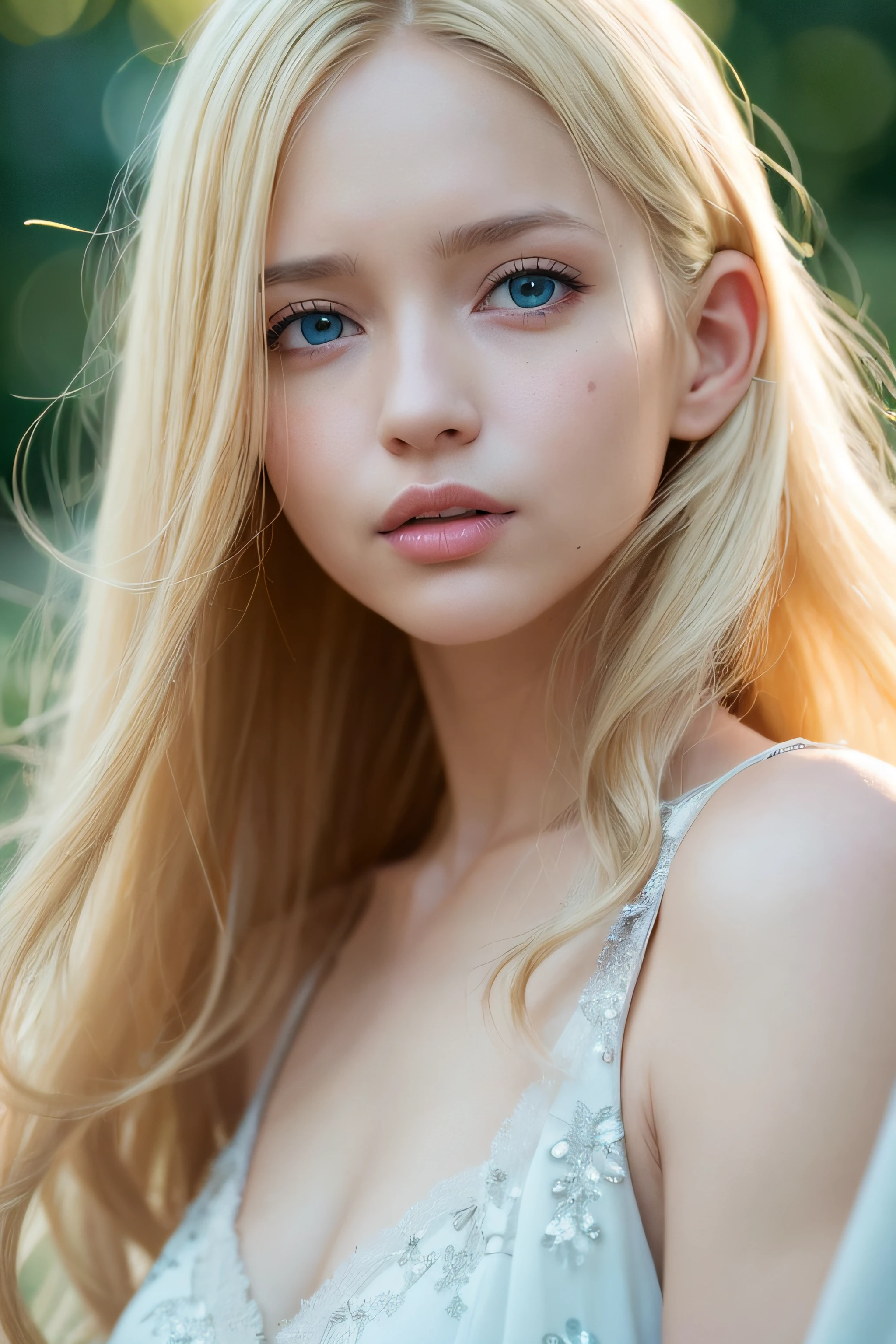 ((18-year-old woman, delicate face, light skin, golden hair, blue eyes), (lakeside in the forest, gentle breeze, a sense of tranquility), (poses seduct