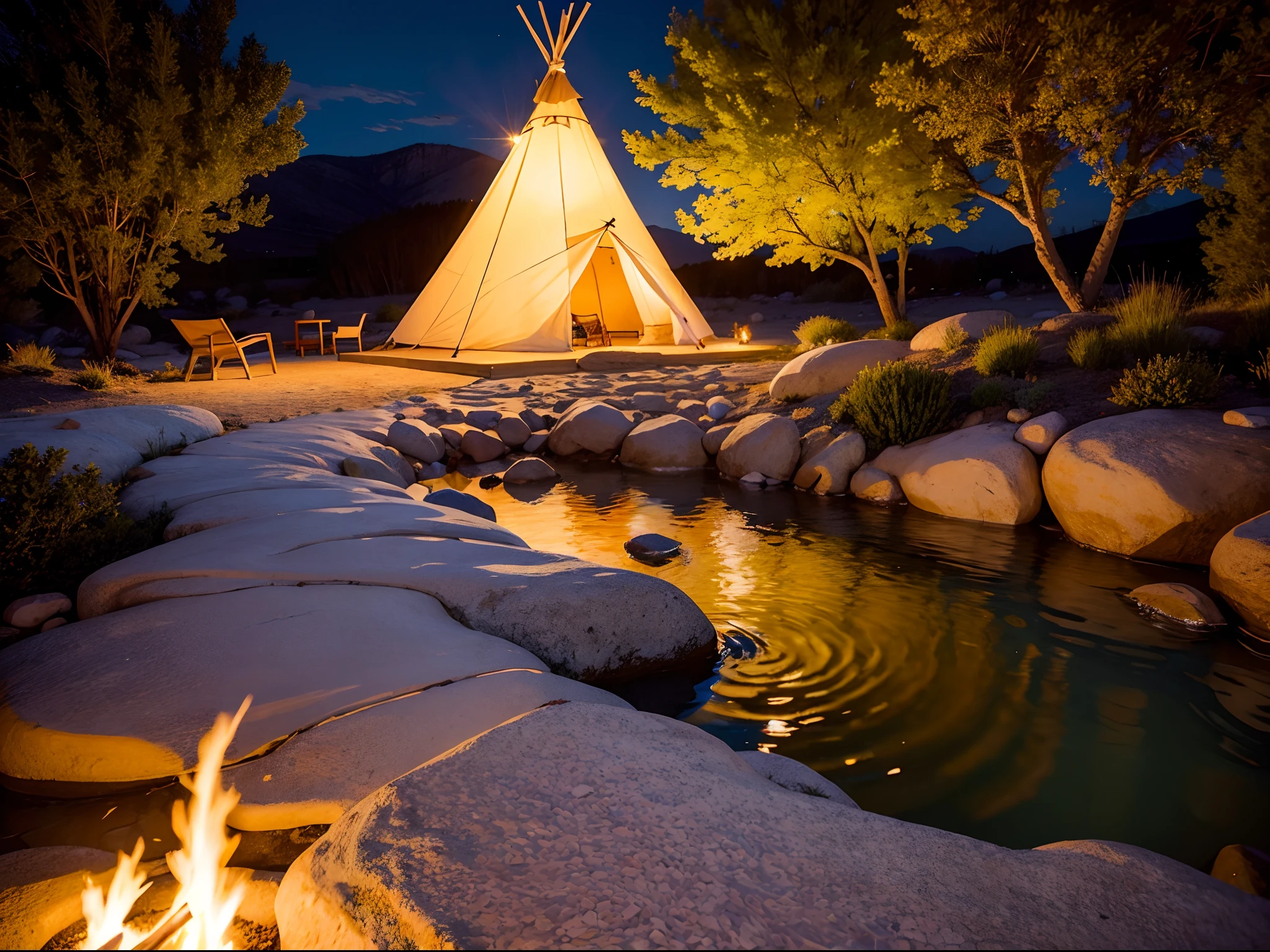 evening bonfire teepee dry river bed