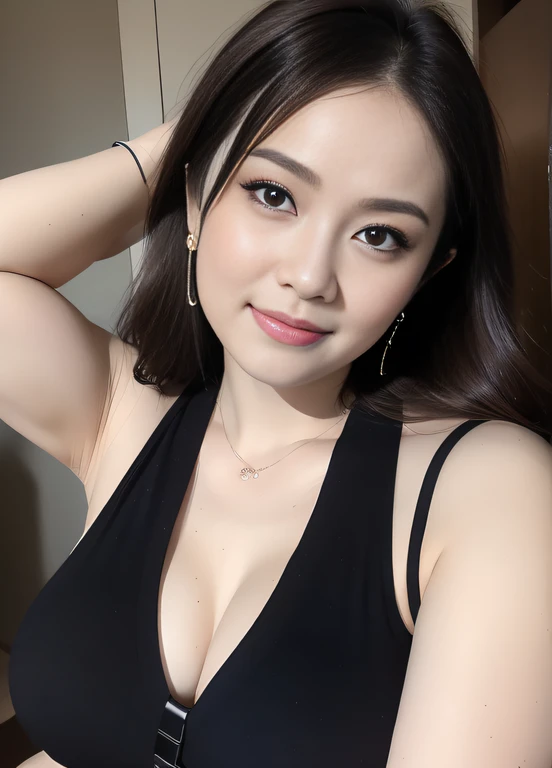 masterpiece,best quality, (1 milf), ((portrait:1.5)), makeup, (looking at the viewer), make up:1.5, showing armpits, black shirt, touch own chest, ((seduction expression)),