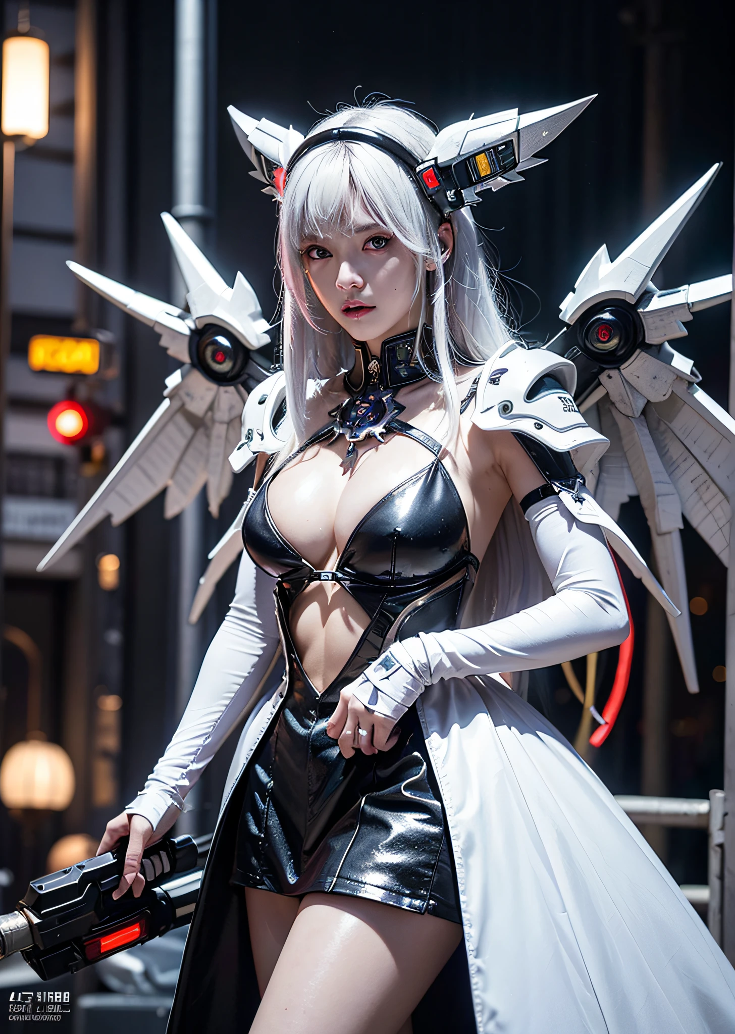 top-quality、masterpiece、超A high resolution、(Photorealsitic:1.4)、Raw photo、Battle Cyborg Angel、large wings made of metal、White porcelain body、Acrylic Clear Cover、white hair、glowy skin、1 Cyborg Girl、((super realistic details))、portlate、globalillumination、Shadow、octan render、8K、ultrasharp、character edge light,Colossal tits、Raw skin is exposed in cleavage、Details of complex ornaments、Double Zeta Gundam Details、Hydraulic cylinder、Small LED lamp、highly intricate detail、Realistic light、a purple eye、radiant eyes、Facing the camera、neon details、cowboy shot、Futuristic headgear、About Cyberpunk、、