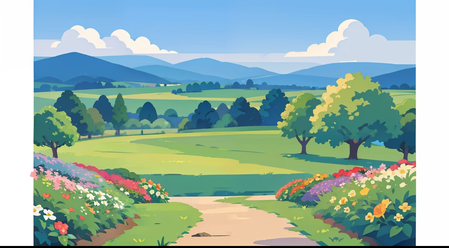 Landscape painting、a park、flowerbed、blue-sky