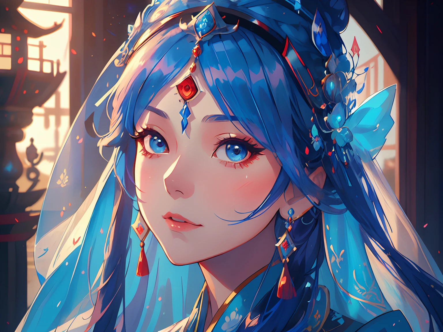 a close up of a woman wearing a blue headdress and a blue veil, palace ， a girl in hanfu, a beautiful fantasy empress, artwork in the style of guweiz, ((a beautiful fantasy empress)), trending on cgstation, 8k high quality detailed art, beautiful character painting, guweiz, ancient chinese princess, inspired by Lan Ying