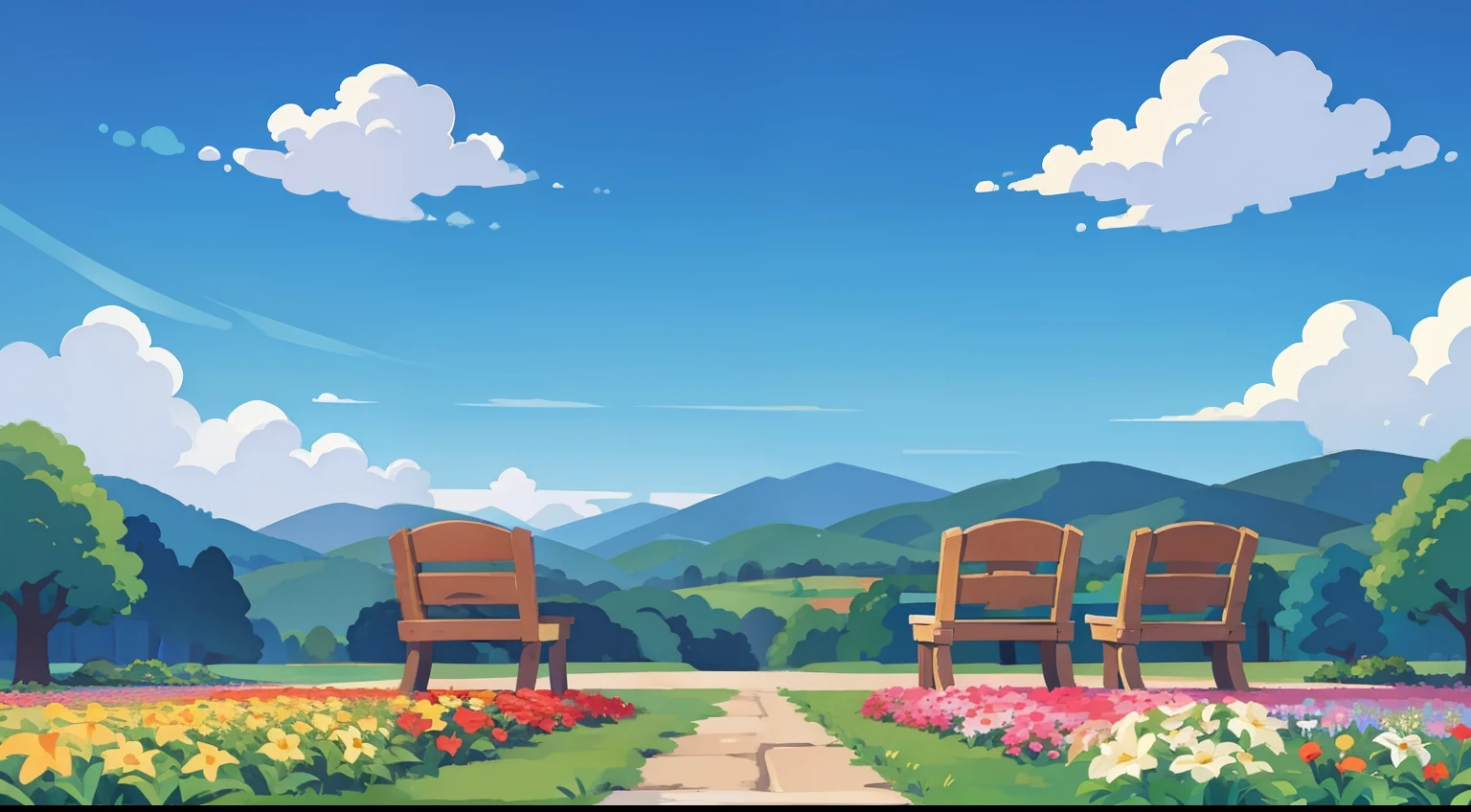 Landscape painting、flowerbed、blue-sky、Benches、chii