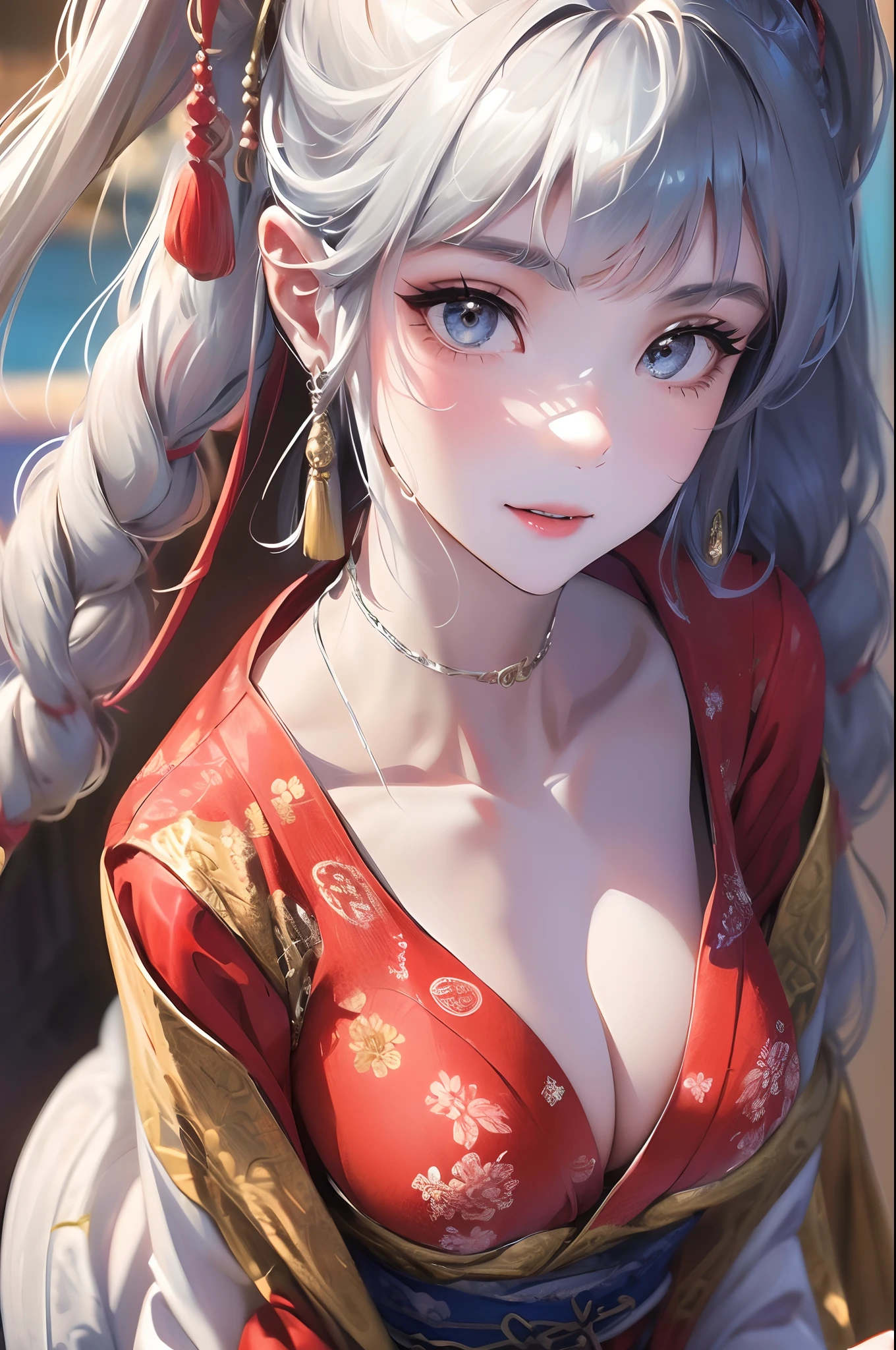 (Best Quality, 8k, 32k, Masterpiece, UHD:1.3), (Photo of Attractive Japanese Woman), ((1 Girl)), ((medium breast:1.3)), Abs, Perfect Body, Ultra Detailed Face, Detailed Lips, Fine Eyes, double eyelids, ((milf)) sexy girl, beautiful girl, jaw-dropping beauty, ((silver long hair:1.2)), ((intricate red dress)), beautiful dress, ((close up to upper body)), smiling beautifully, sunlight illuminated her beautiful face, panting
