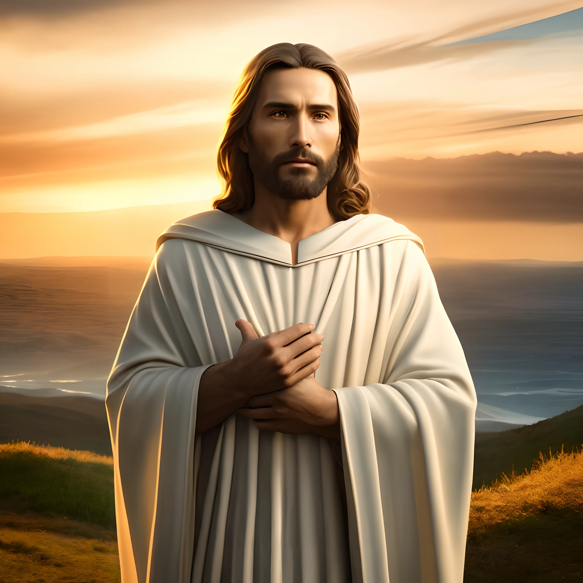 jesus standing on a hill with his hands folded in prayer, jesus christ, portrait of jesus christ, dressed like jesus christ, jesus, greg olsen, jesus of nazareth, the lord and savior, he is greeting you warmly, young almighty god, jesus christ in mass effect, by Juan O'Gorman, inspired by Christophe Vacher, god looking at me