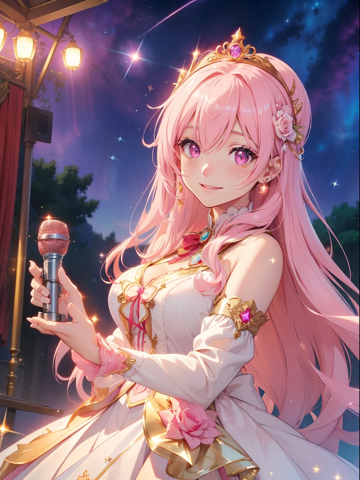 masutepiece, High resolution, 8K, anime woman, Delicate and detailed writing 、Detailed digital illustration、Very long hair and shiny、Bangs、a very beautiful woman、Eyes are double, Large, Bust is D cup、High image quality, High quality、Detailed background、(((Wear idle clothes)))、(The inside of the eye shines like a diamond、Light pink hair、Gradient pupil、(((2 arms、4 fingers, 1 thumb)))、Detailed female face、Very beautiful and cute woman、、细致背景、​masterpiece、Soft Focus , Bright gradient watercolor , Lens Flare , (((Glitter))) , Glow , Dreamy , 、Less exposure、Nothing at hand、Idol、Pink ribbon、Very beautiful red rose hair accessories、Pink and gold outfit、White is the main costume、((Big smile))、((Macro for the eyes))、(((natta、starrysky)))、(((Microphone in hand)))、Bandstand、piece