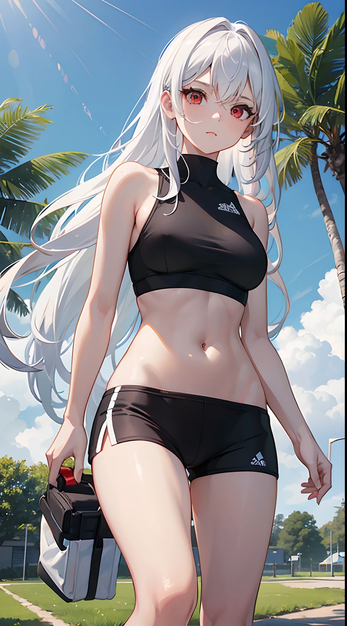 High resolution、Girl、Silver Hair、Long Hair,(Brown skin,Dark Skin,Sunburn),Lion ears、Grey Eyes、Slender、Toned body、Ocean,Sports swimwear,,summer,７moon,Sweat,blue sky,Abdominal muscles