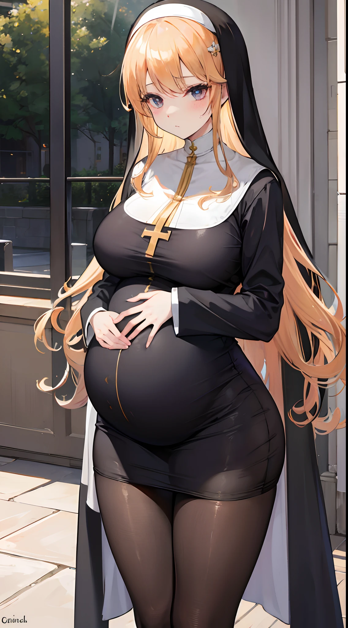 best quality,masterpiece,best resolution,uneasy,very colorful,fancy,Saints,silvery white long hair,Curly hair,mature woman,Crop topping,white nun dress,Pervert is exposed,cathedral,sanctuary,pregnant belly,pregnant belly,distressed expression,With tears, sex with man, Vaginal insertion