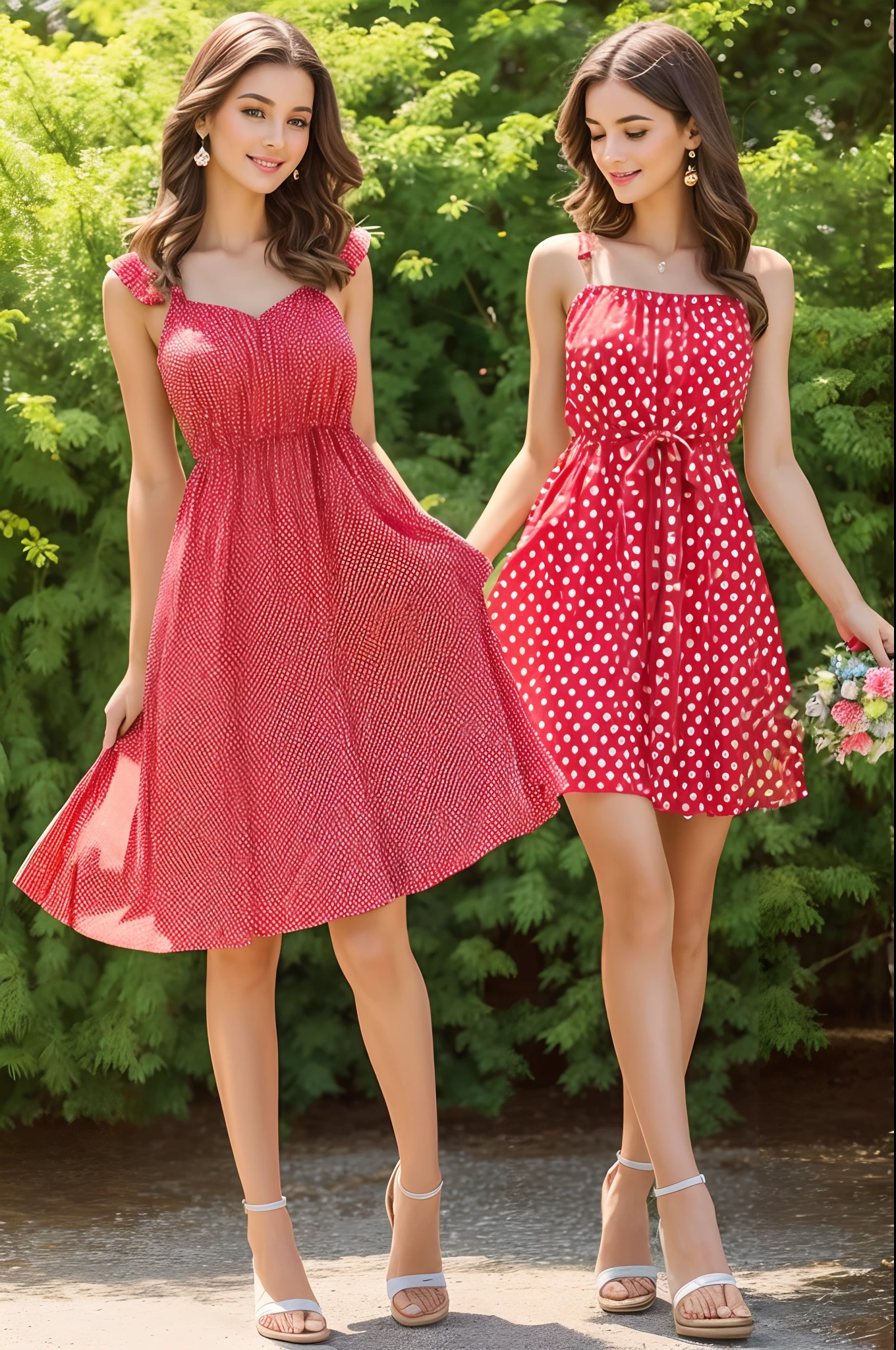 Complete the look, moda, handsome girl, Summer light dress red with bright polka dots with flowers, Summer sunshine, facilitate, higly detailed,