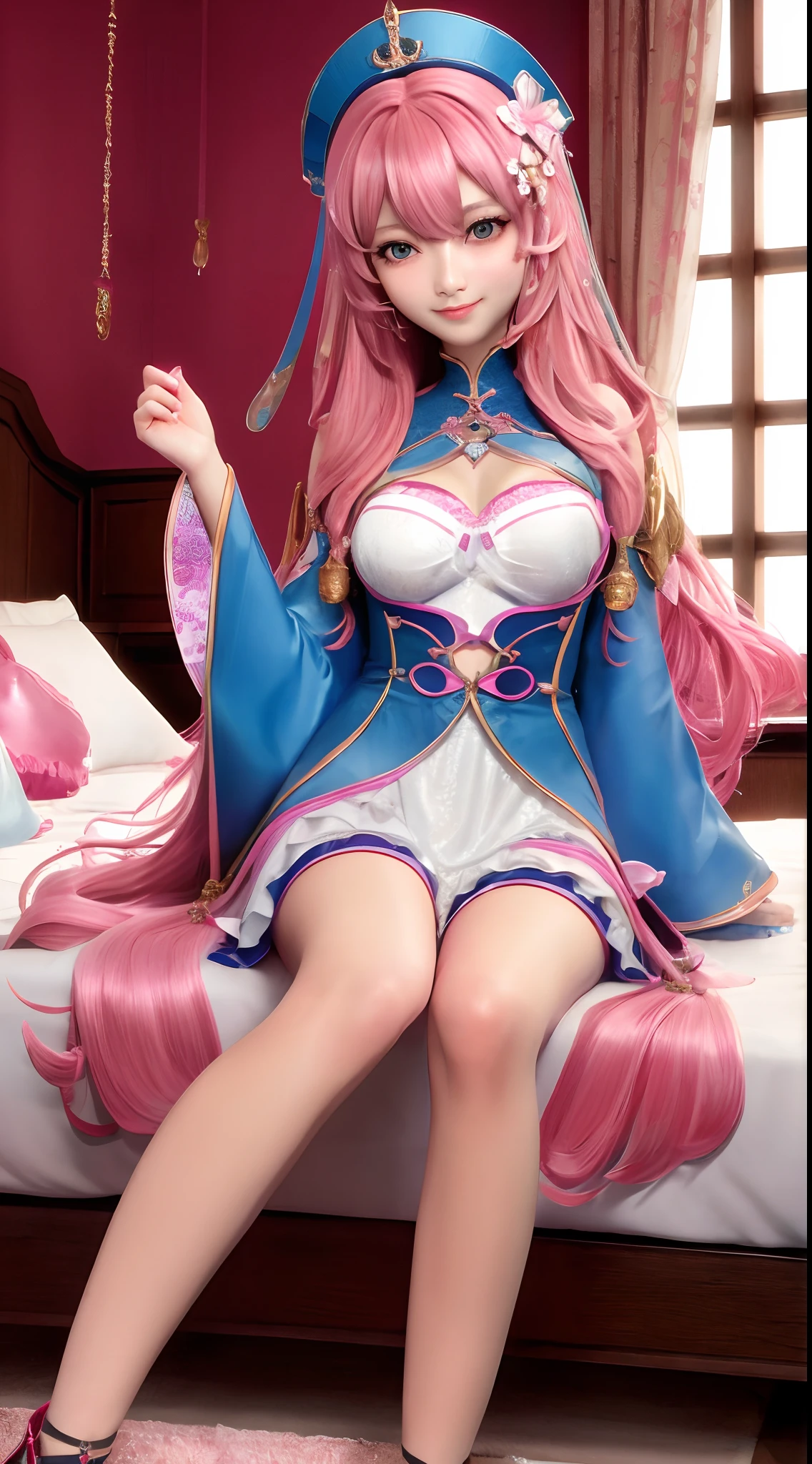 (masterpiece、top-quality)、1 beutiful girl、A smile、Slim body、(校服:1.1)、(Detailed beautiful eyes)、Bedroom、in a house、Pink longhair