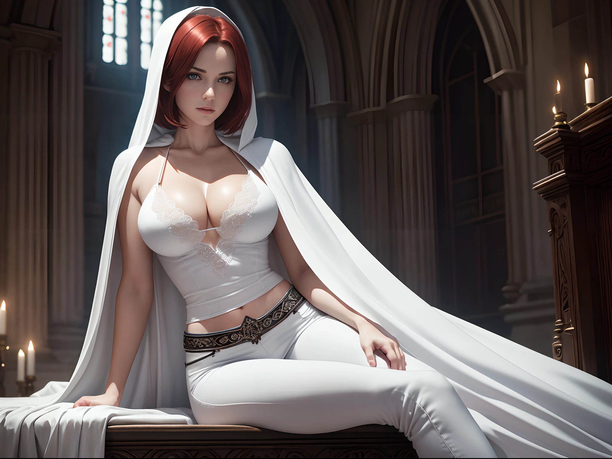 Photorealistic Image of Gorgeous British Woman with Proportional Body, Short Bob Red Hair, (One Person), (White V-Neck Shirt, White Cloak, and Black Tight Pants), Blue Eyes, Pale Skin, Serious Face, Deep Cleavage, Sitting on a Throne Pose, Castle Altar at Noon, Centered, Waist-up Shot, Shot Taken From Above, Insane Details, Intricate Face Detail, Intricate Hand Details, Cinematic Shot and Lighting, Realistic Colors, Masterpiece, Sharp Focus, Ultra Detailed, Taken with DSLR camera, Realistic Photography, Depth of Field, Incredibly Realistic Environment and Scene, Master Composition and Cinematography
