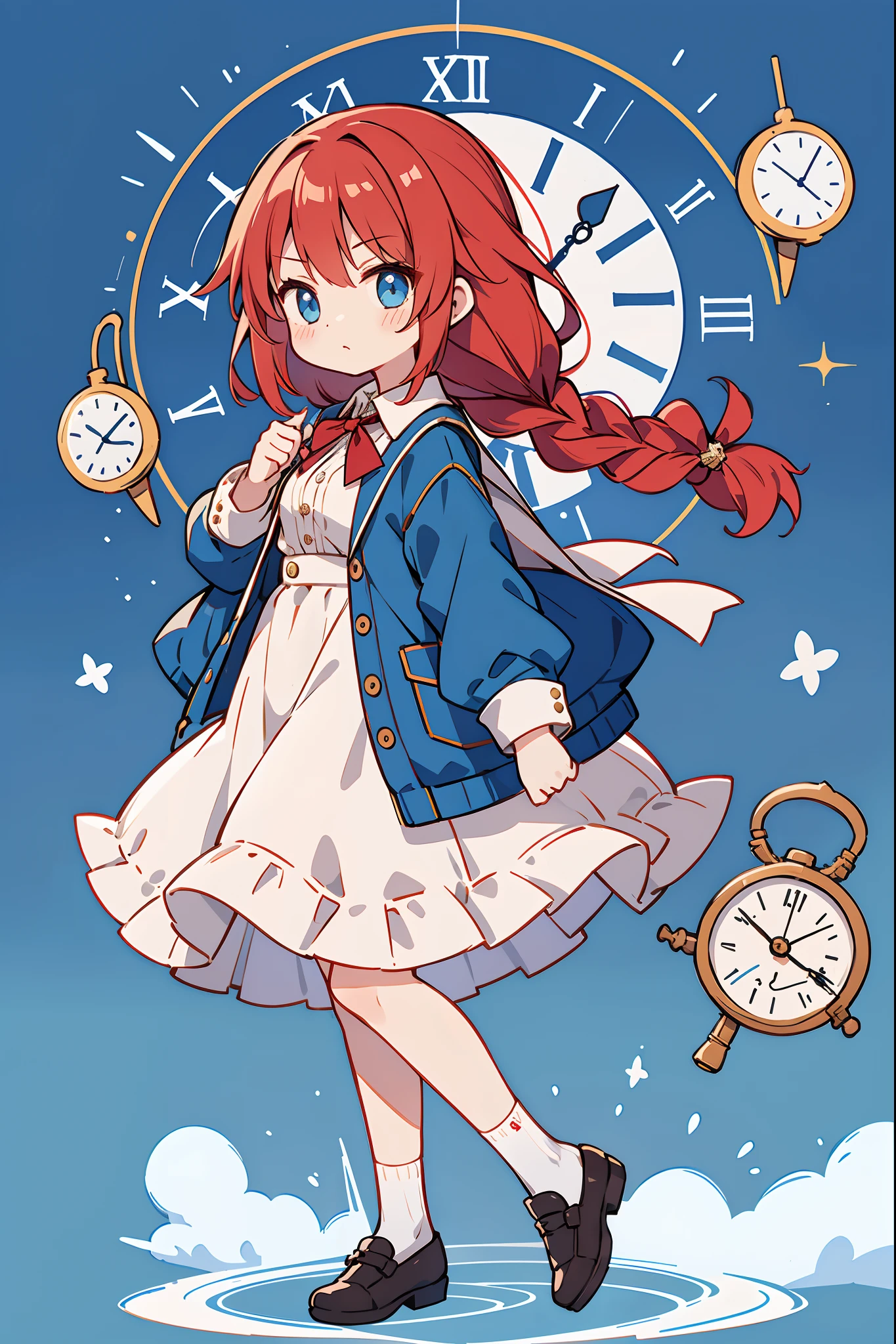 One Girl、cute little、a very cute、cardigan、Clock background、pocket watch、Have a pocket watch、red hairs、Braids、Straight face、masterpiece、Top image quality、top-quality、White shirt、pleatedskirt、Ribbon on the back、cute shoes、Steppe floor、Looking ahead、Blue sky background、Very delicate illustration、fine portrayal、8k、beatiful backgrounds、Finely written illustrations、Excellent image quality、